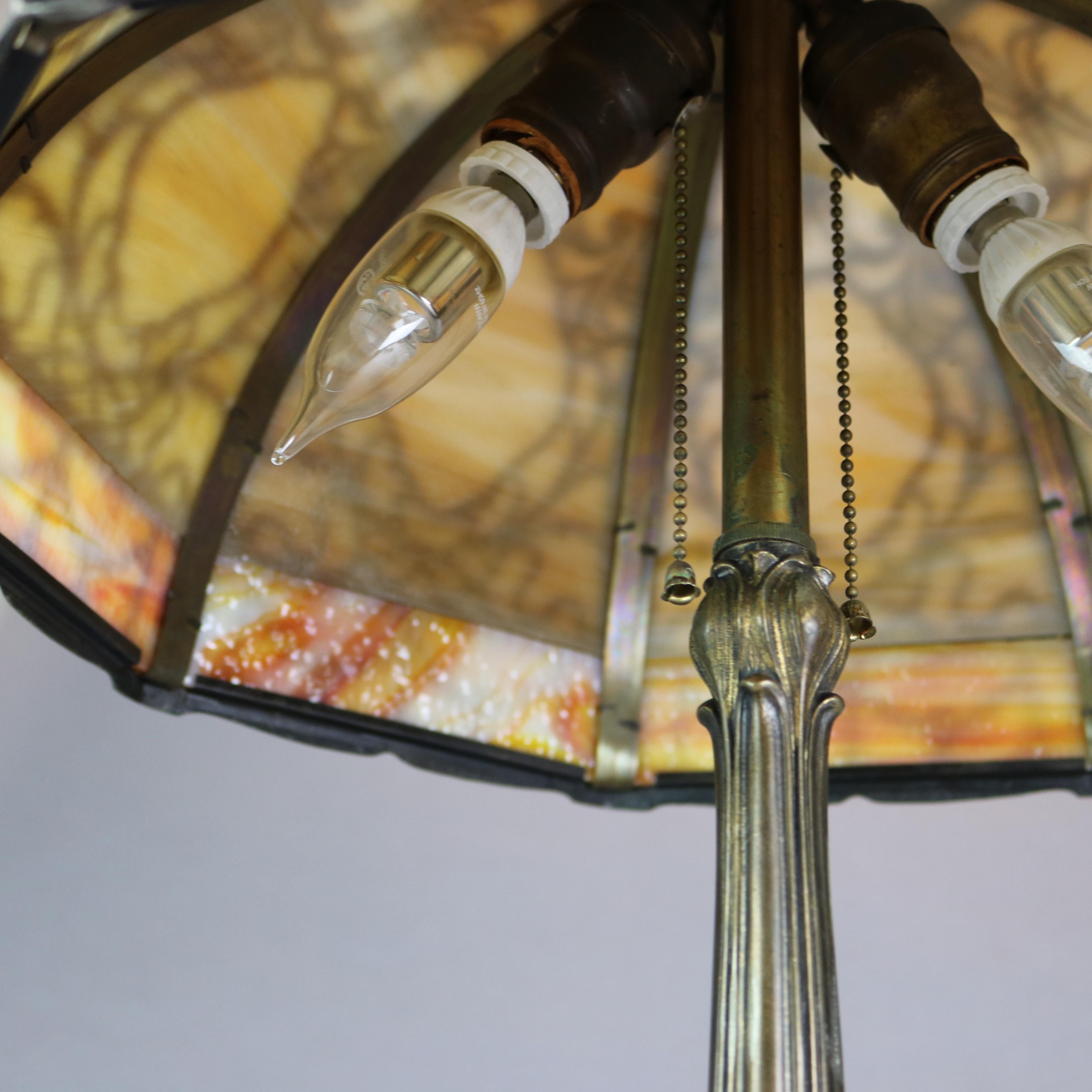 20th Century Antique Arts & Crafts Miller School Slag Glass Foliate Filigree Table Lamp c1920