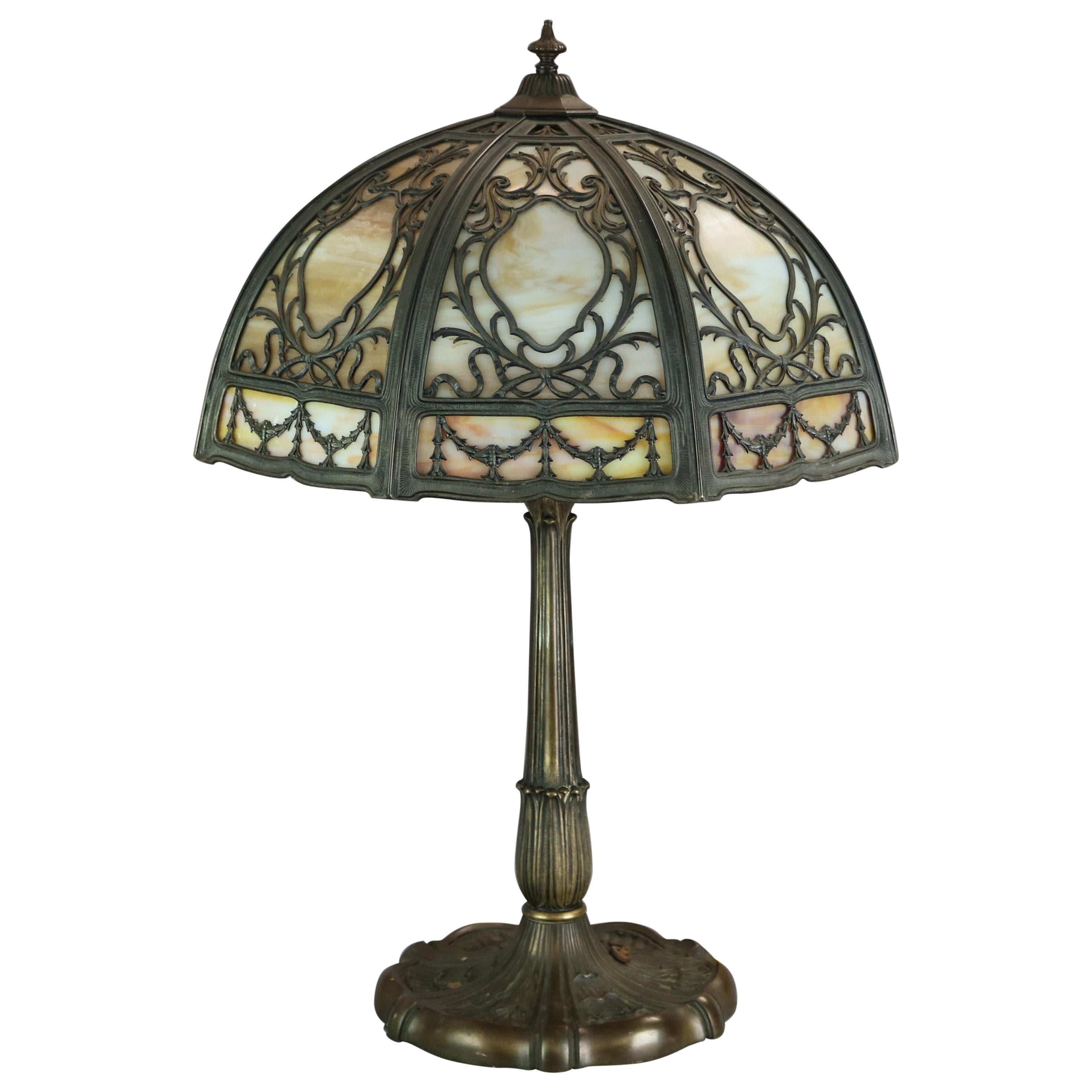 Antique Arts & Crafts Miller School Slag Glass Foliate Filigree Table Lamp c1920