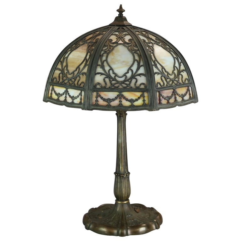 Antique Arts and Crafts Miller School Slag Glass Foliate Filigree Table Lamp c1920 at 1stDibs