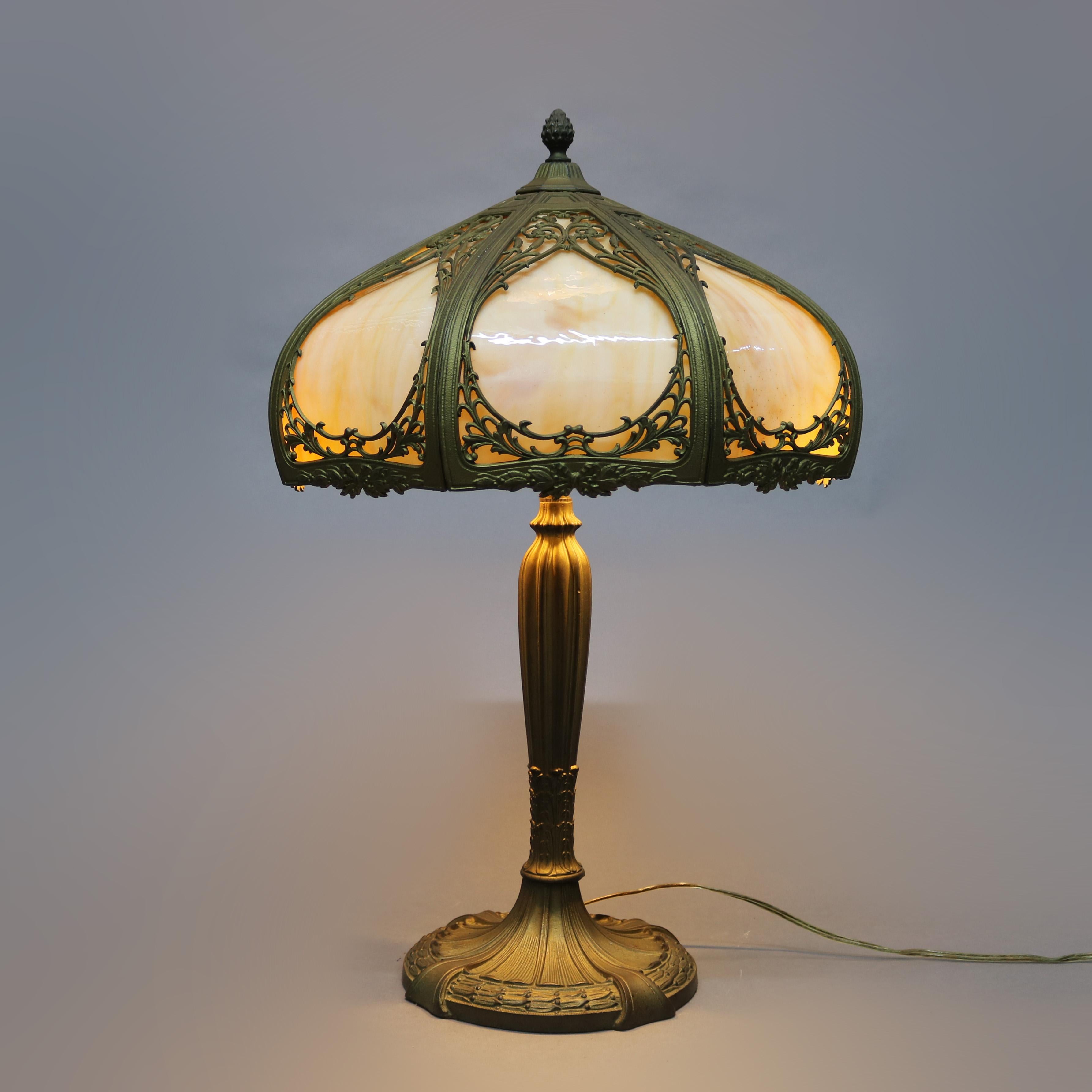 Cast Antique Arts & Crafts Miller School Slag Glass Table Lamp, c1920