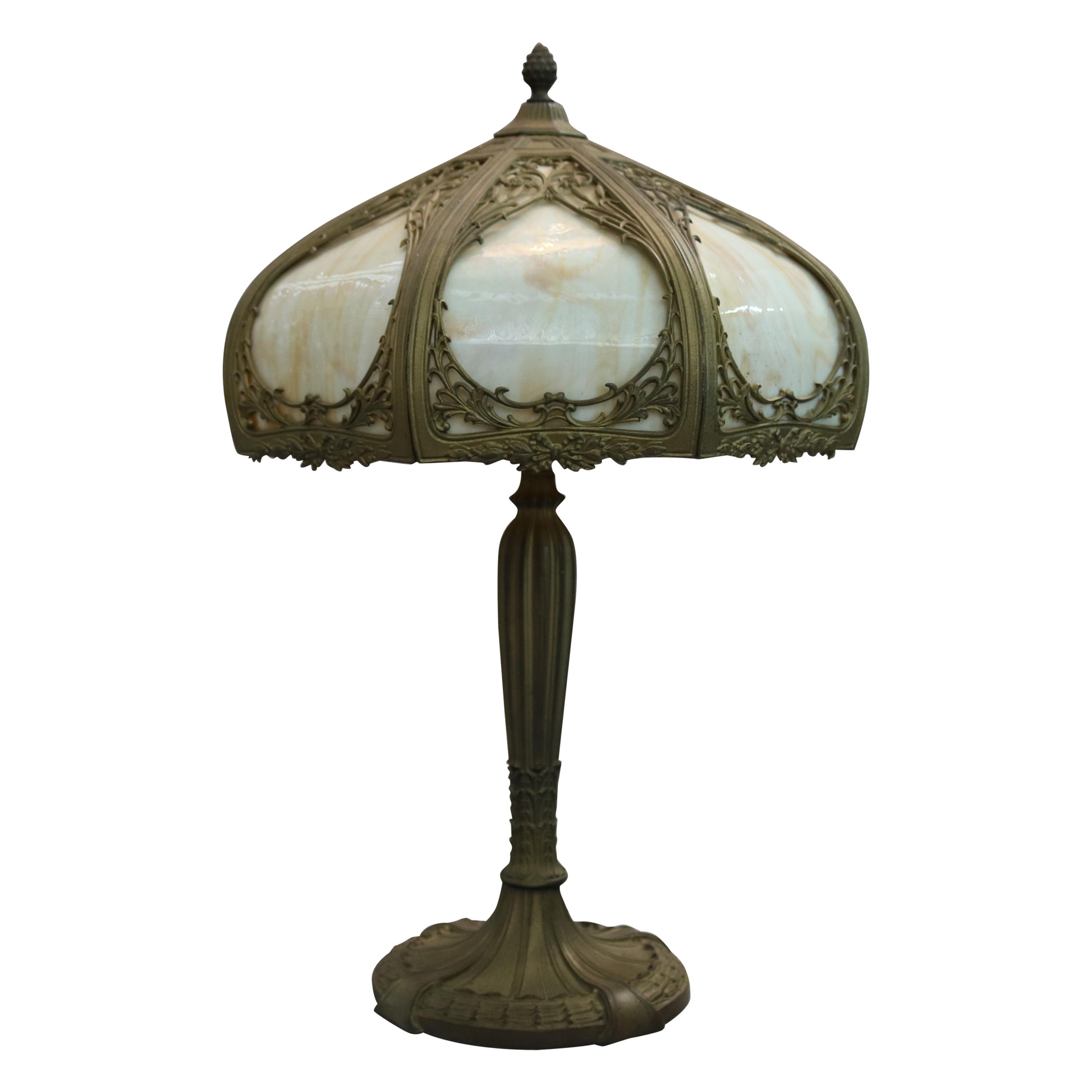 Antique Arts & Crafts Miller School Slag Glass Table Lamp, c1920