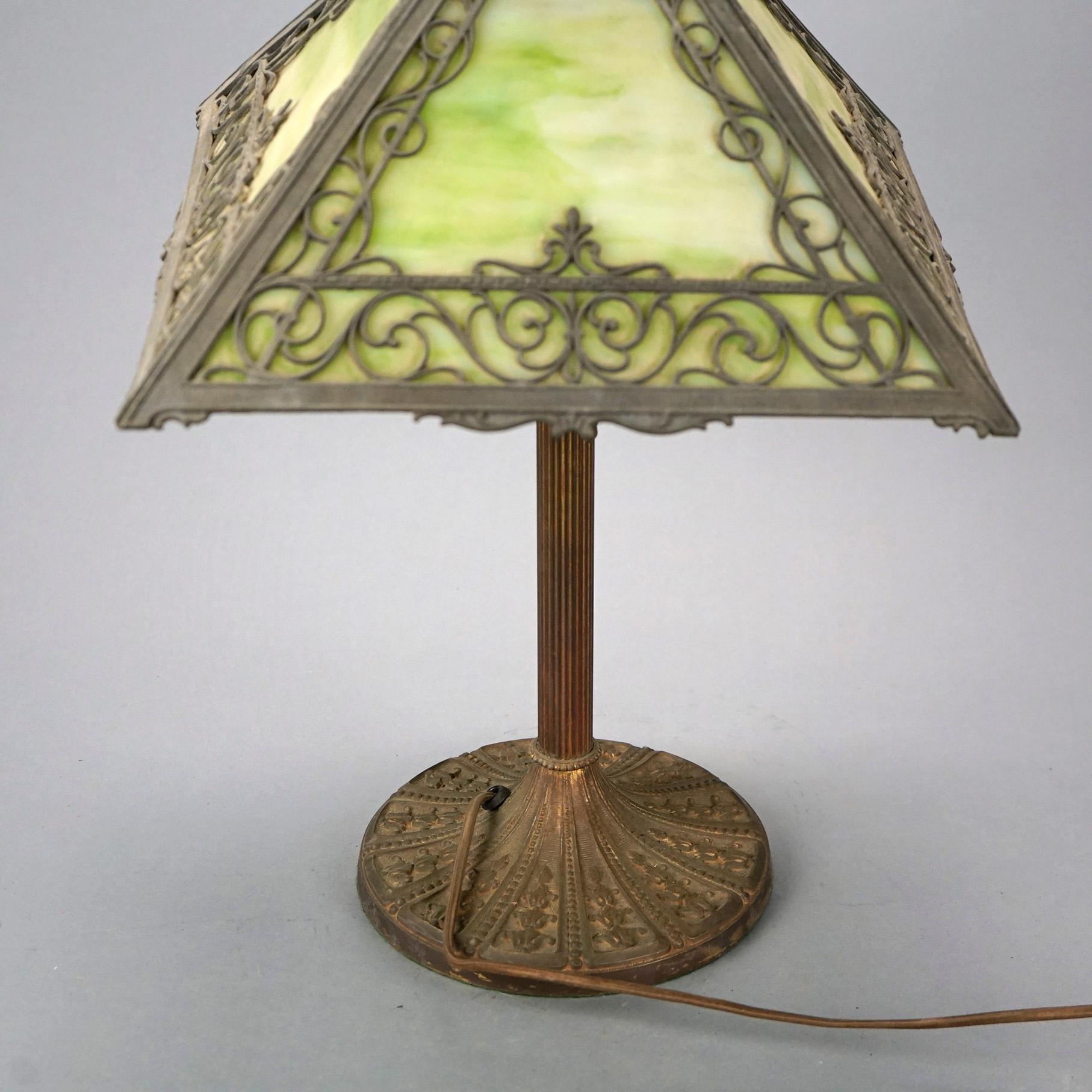 Antique Arts & Crafts Miller Slag Glass Table Lamp, circa 1920 4