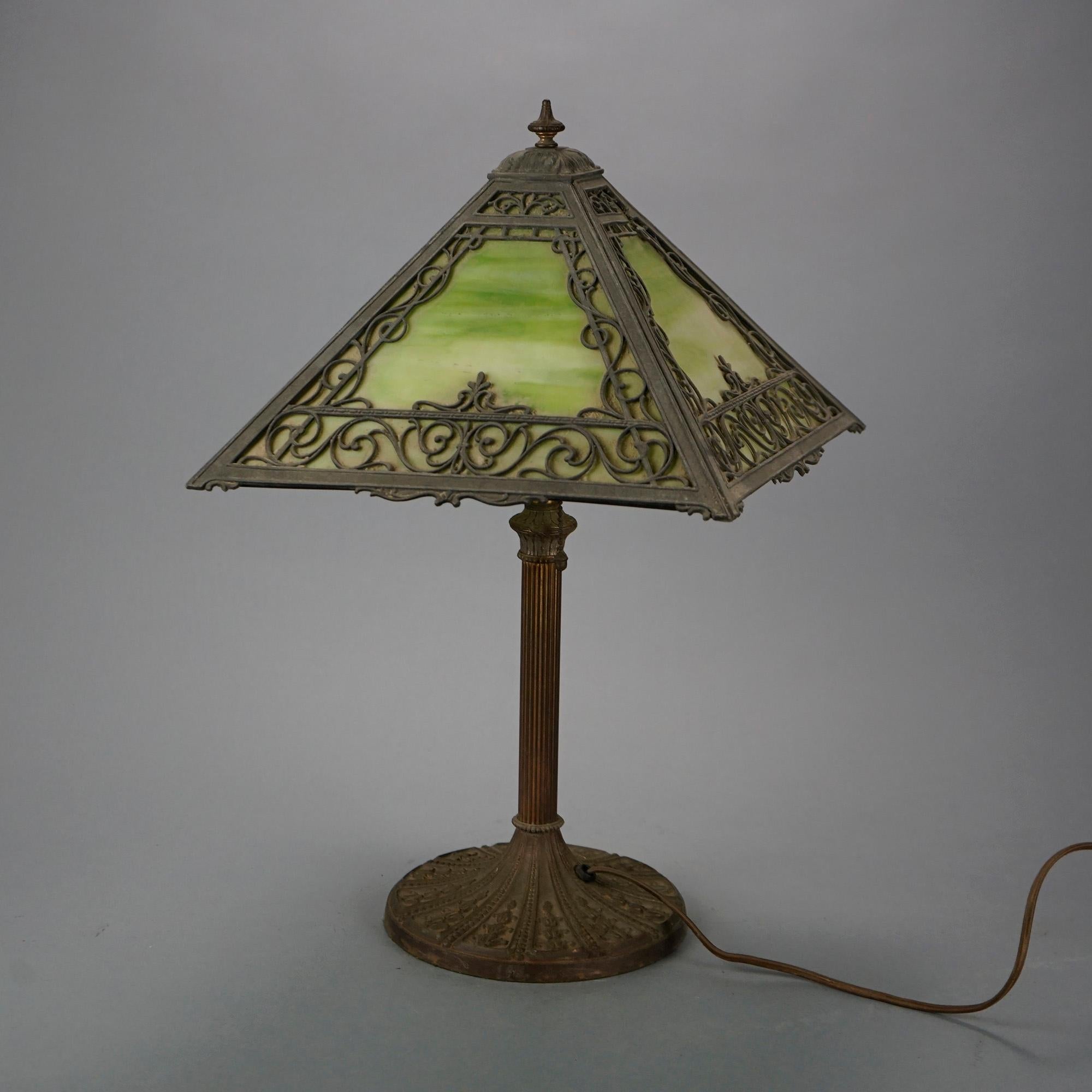 Antique Arts & Crafts Miller Slag Glass Table Lamp, circa 1920 5