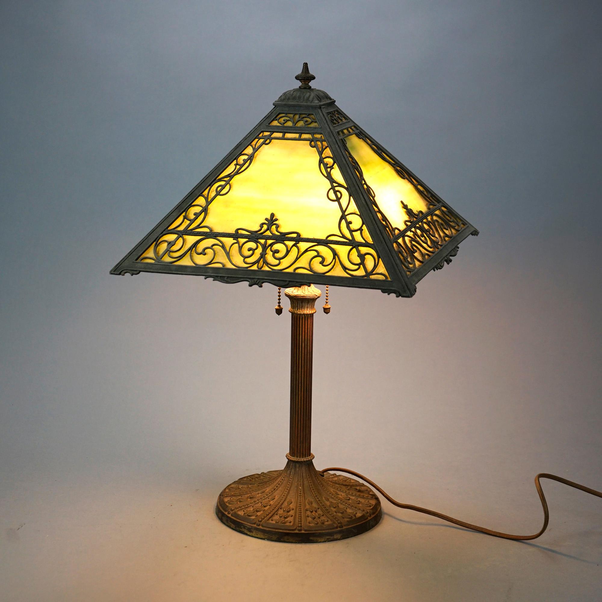 Antique Arts & Crafts Miller Slag Glass Table Lamp, circa 1920 8