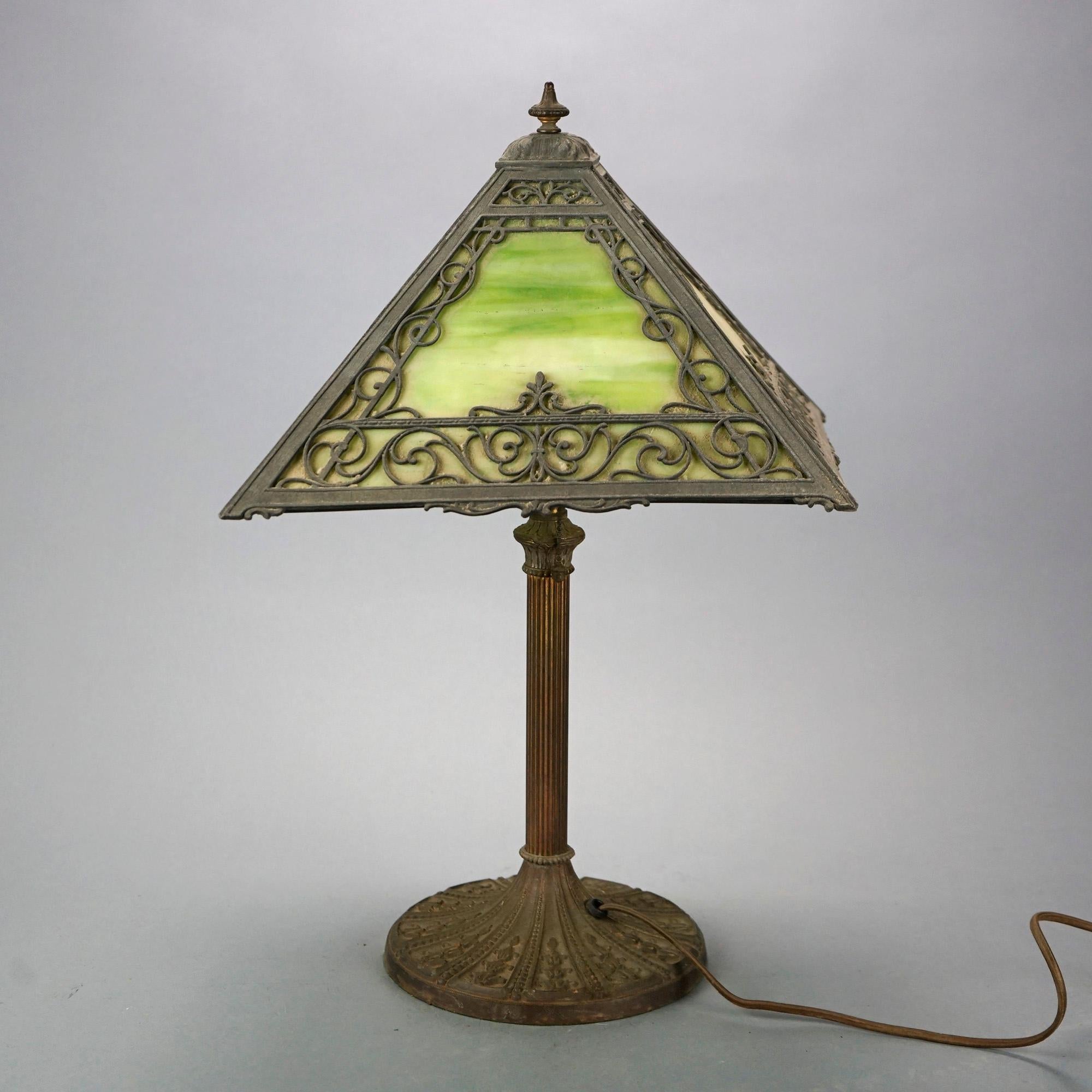 Antique Arts & Crafts Miller Slag Glass Table Lamp, circa 1920 In Good Condition In Big Flats, NY