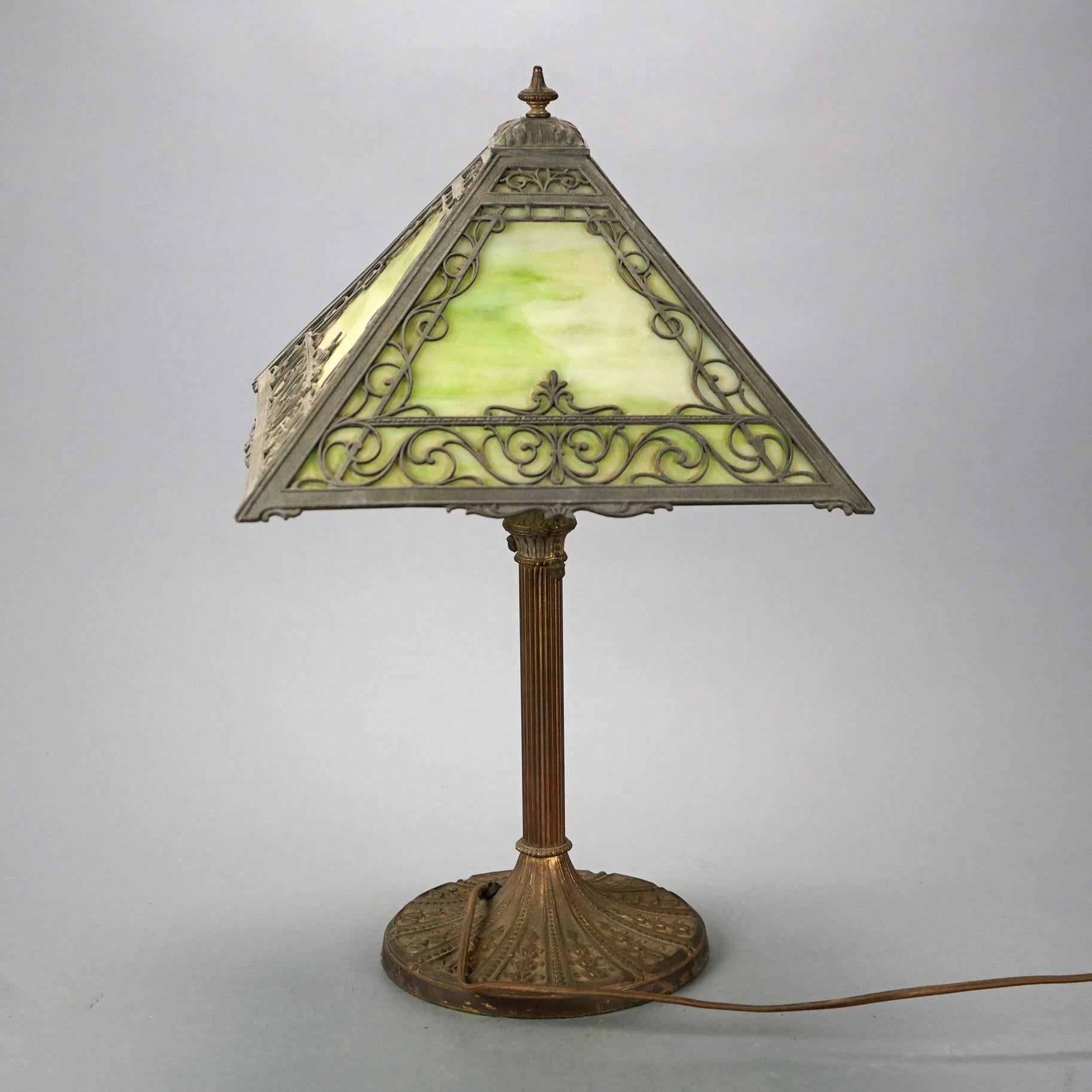 Antique Arts & Crafts Miller Slag Glass Table Lamp, circa 1920 2