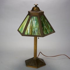 Antique Arts & Crafts Mission Bradley & Hubbard Slag Glass Lamp C1920