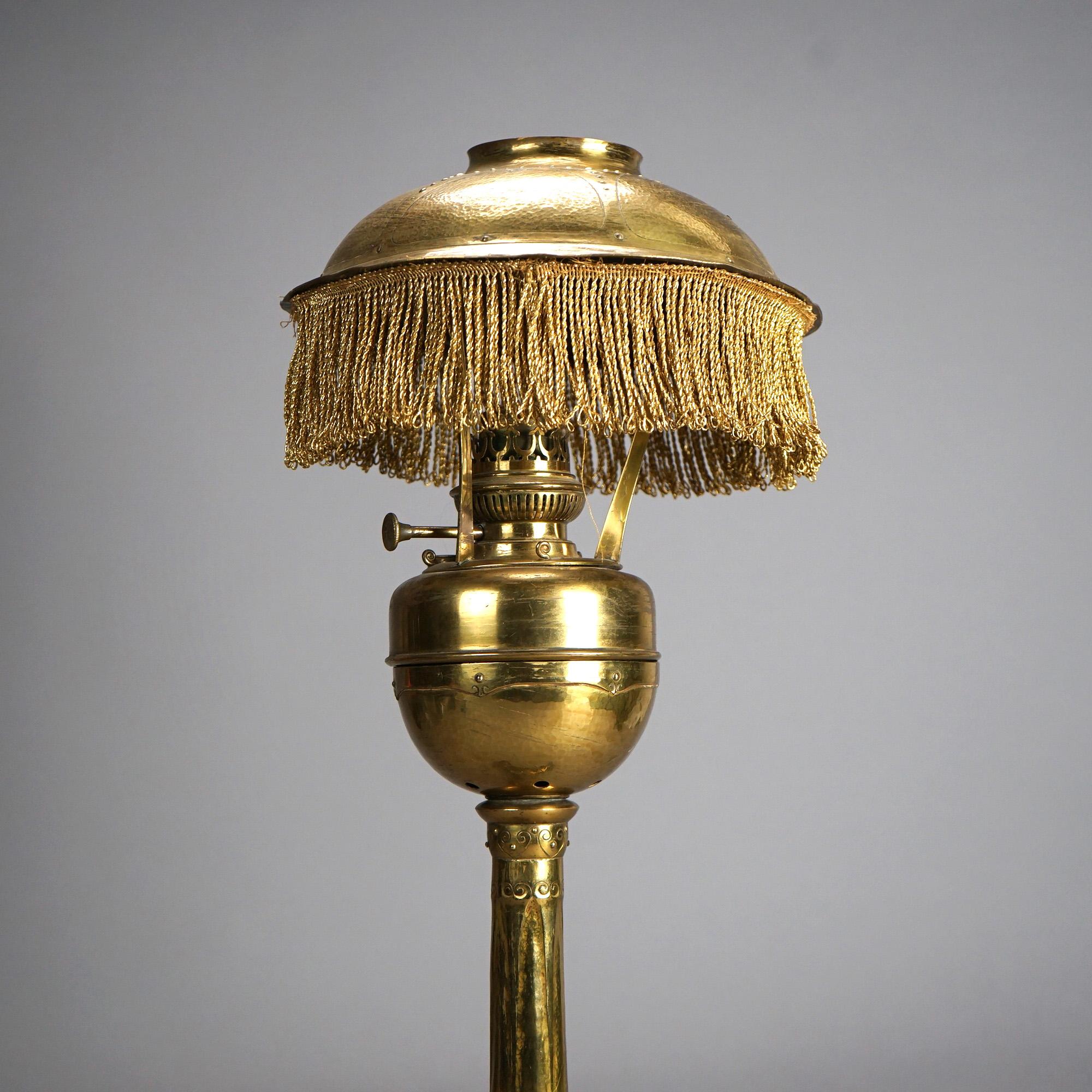 Antique Arts & Crafts Mission Brass Kerosine Oil Lamp with Hammered Brass Helmet 4