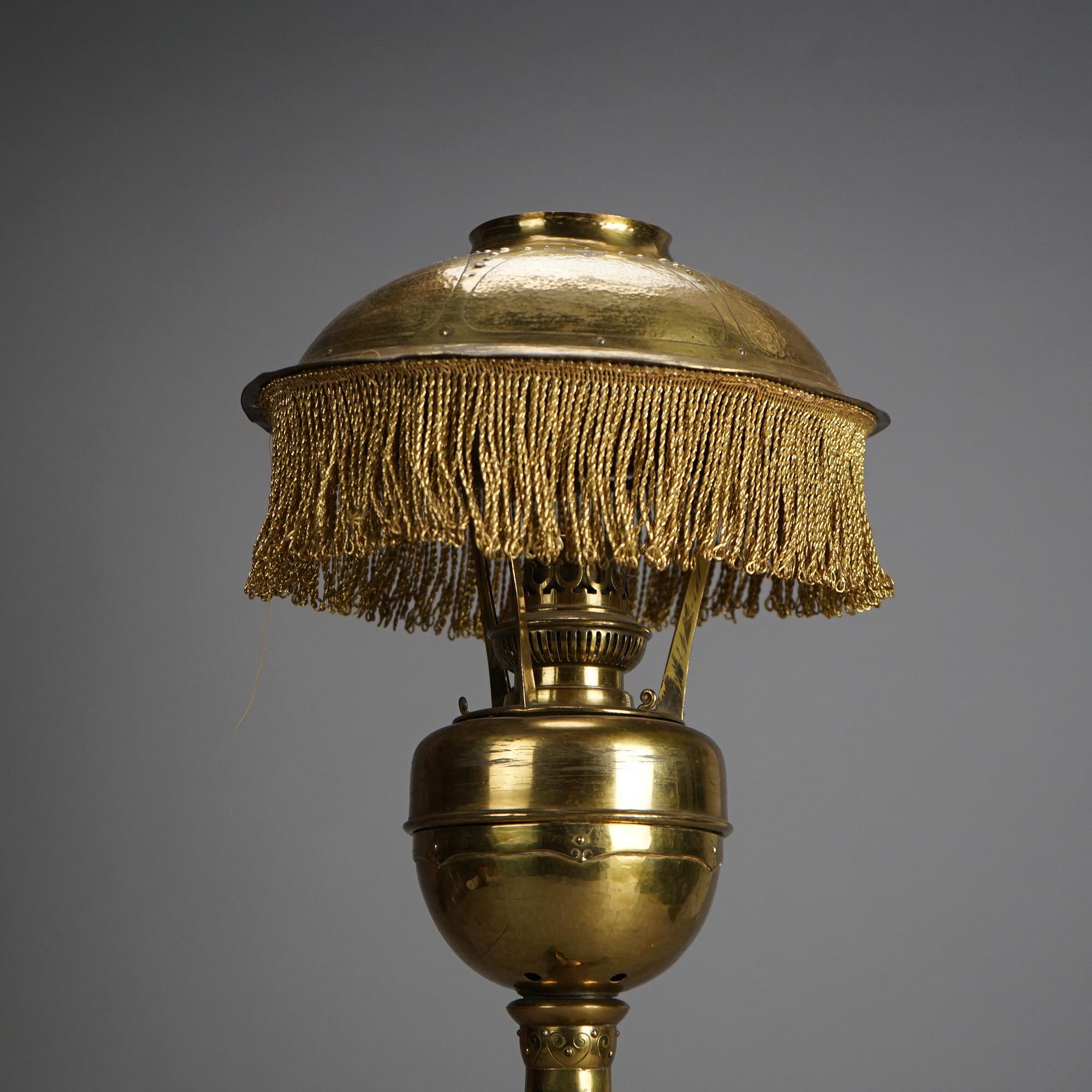 Antique Arts & Crafts Mission Brass Kerosine Oil Lamp with Hammered Brass Helmet 5