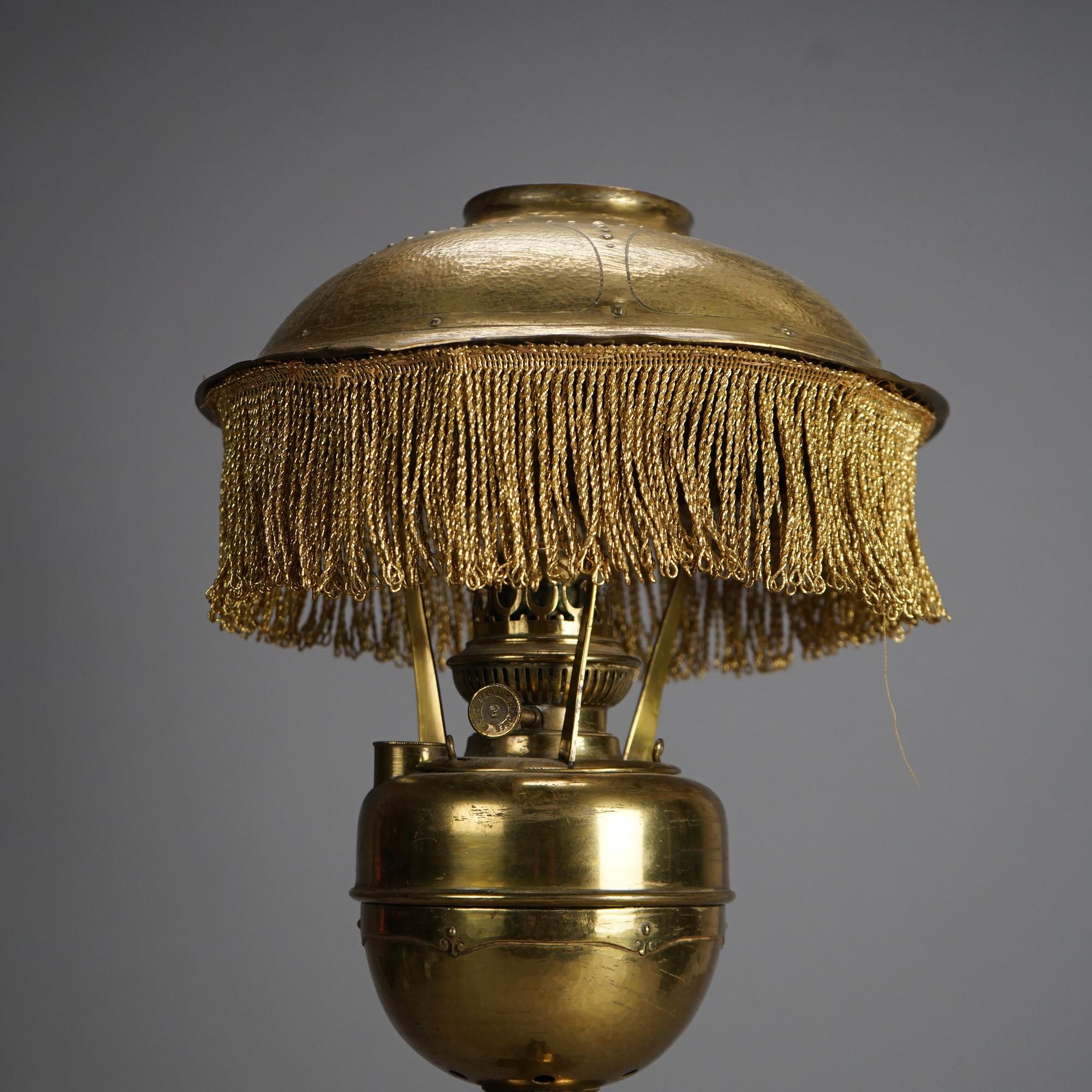 Antique Arts & Crafts Mission Brass Kerosine Oil Lamp with Hammered Brass Helmet 6