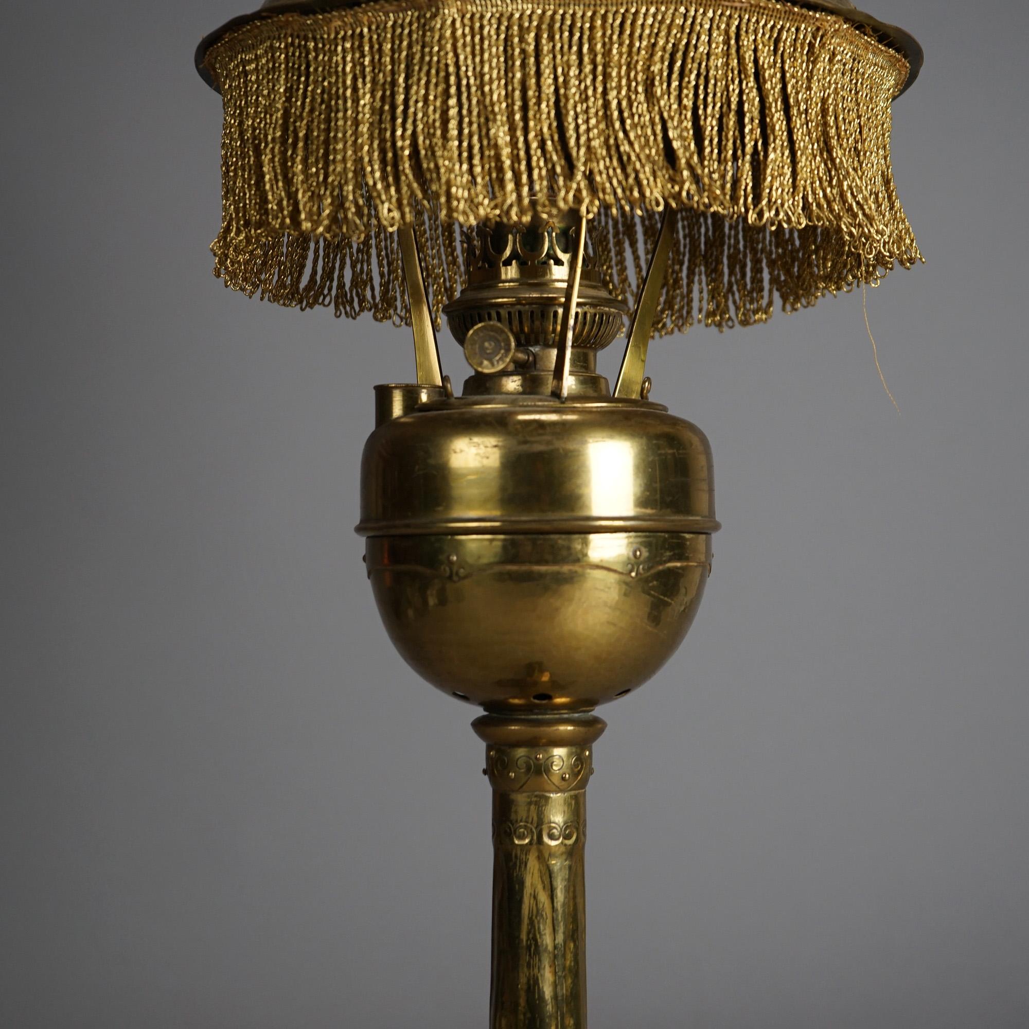 Antique Arts & Crafts Mission Brass Kerosine Oil Lamp with Hammered Brass Helmet 7