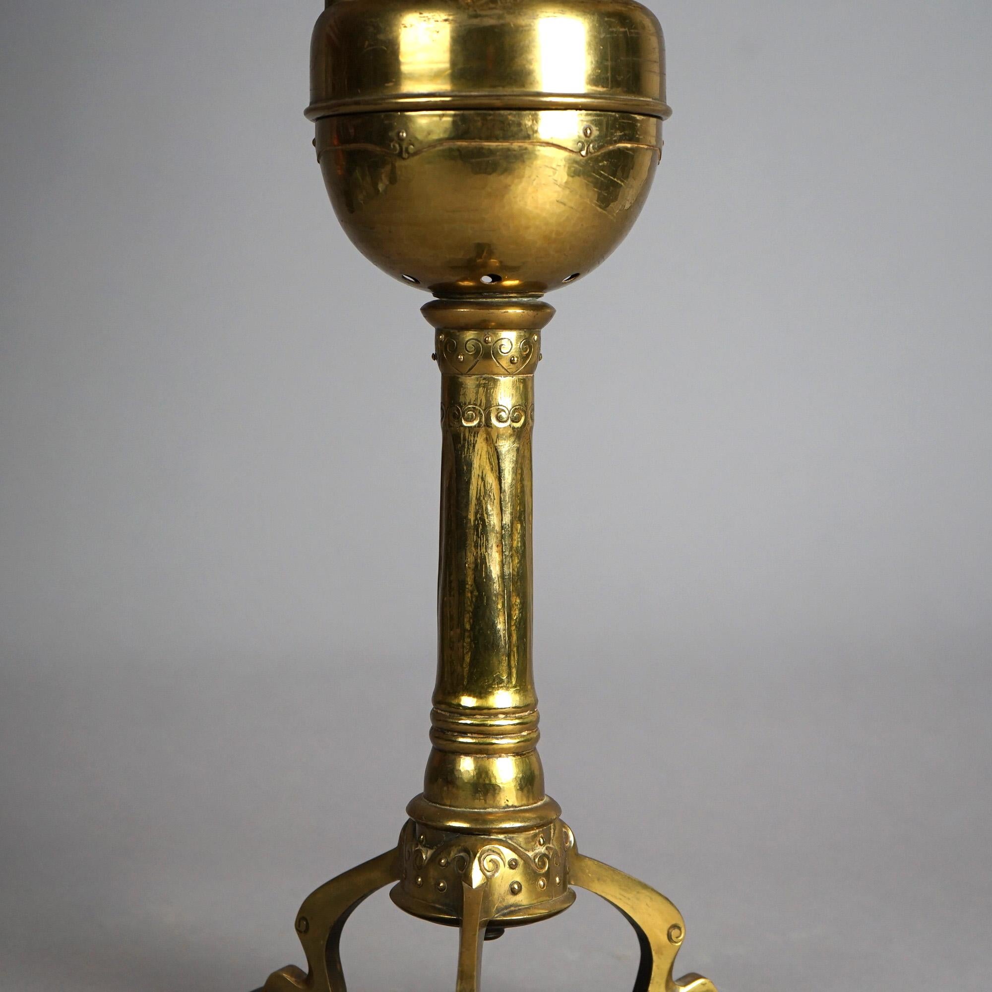 Antique Arts & Crafts Mission Brass Kerosine Oil Lamp with Hammered Brass Helmet 8
