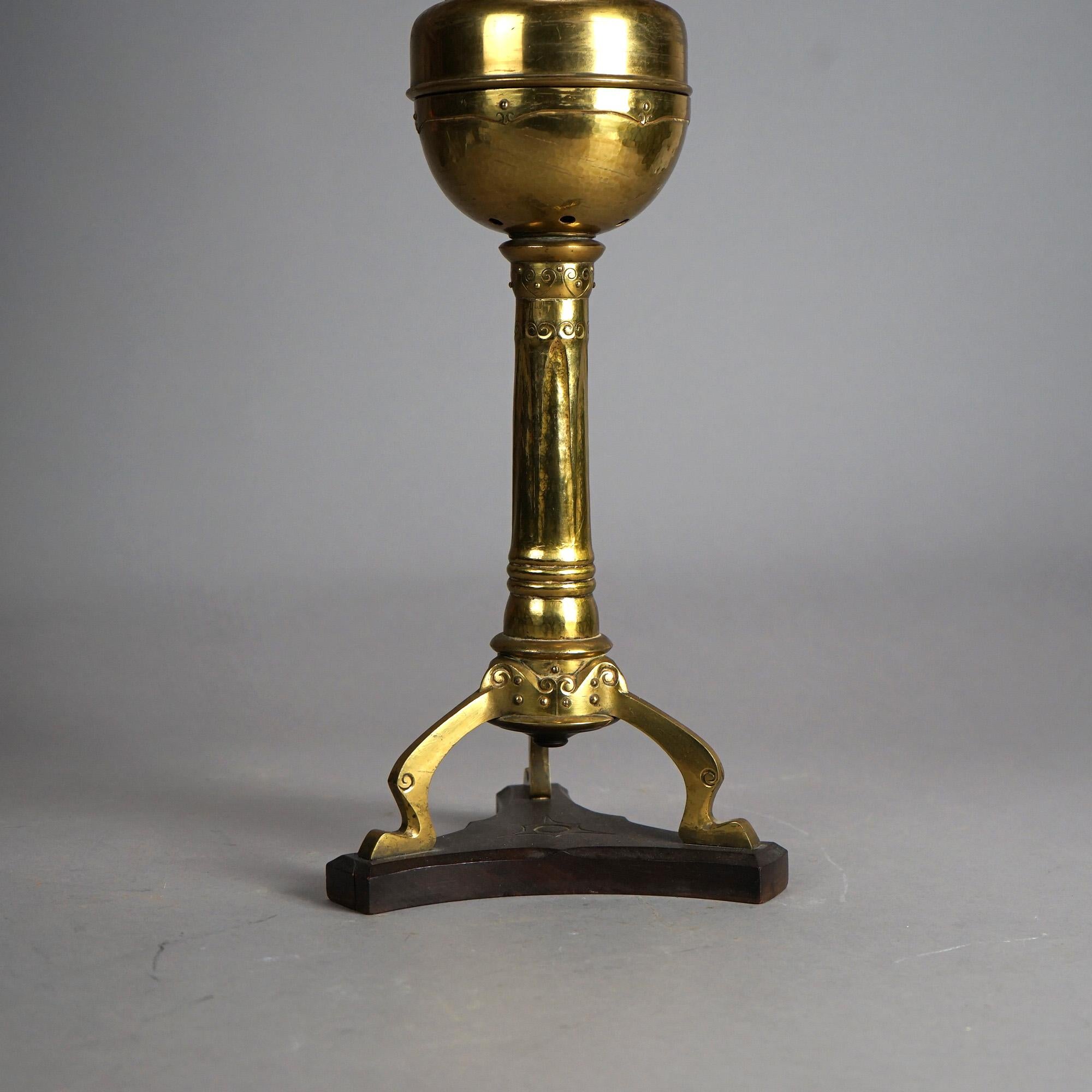 Antique Arts & Crafts Mission Brass Kerosine Oil Lamp with Hammered Brass Helmet 9
