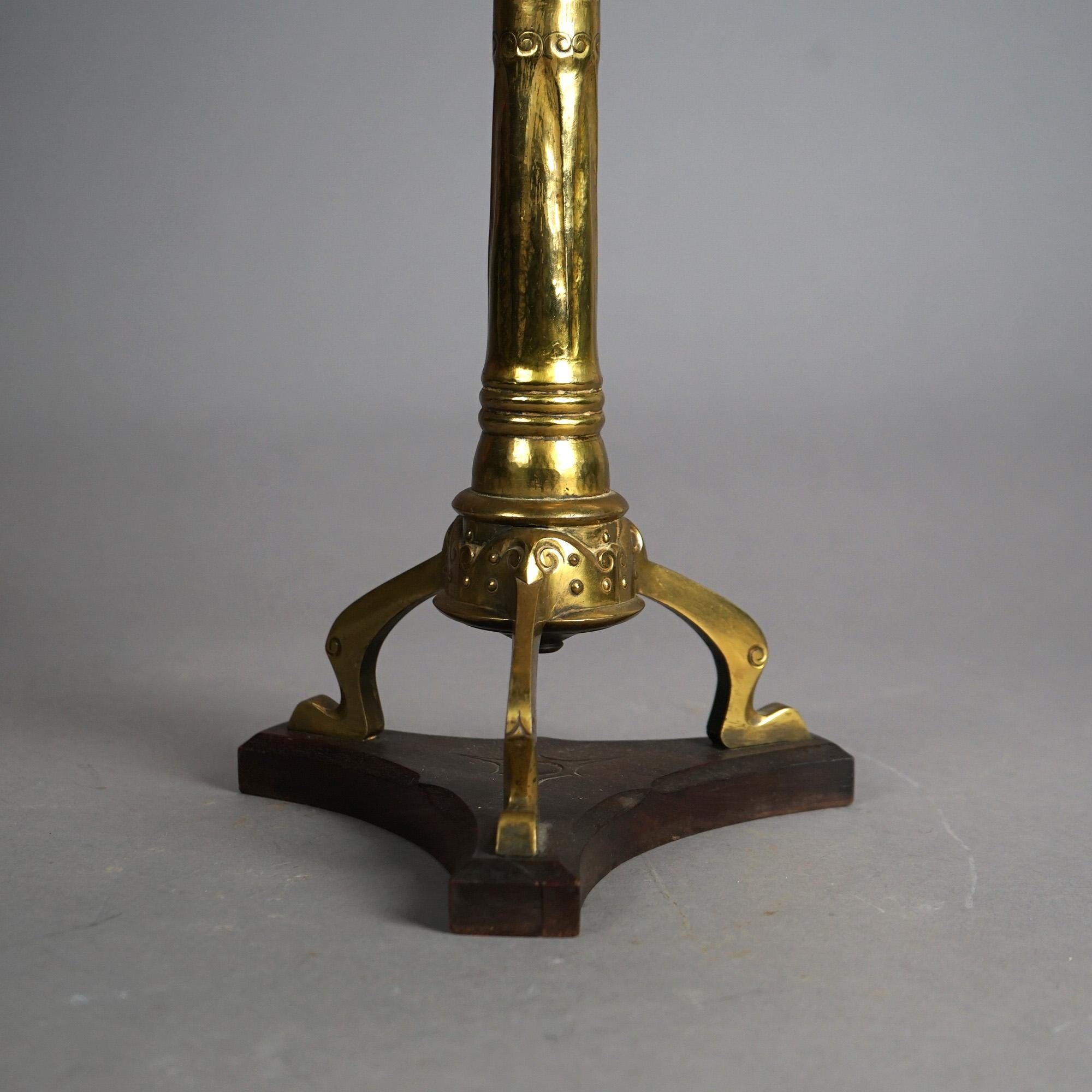 Antique Arts & Crafts Mission Brass Kerosine Oil Lamp with Hammered Brass Helmet 10