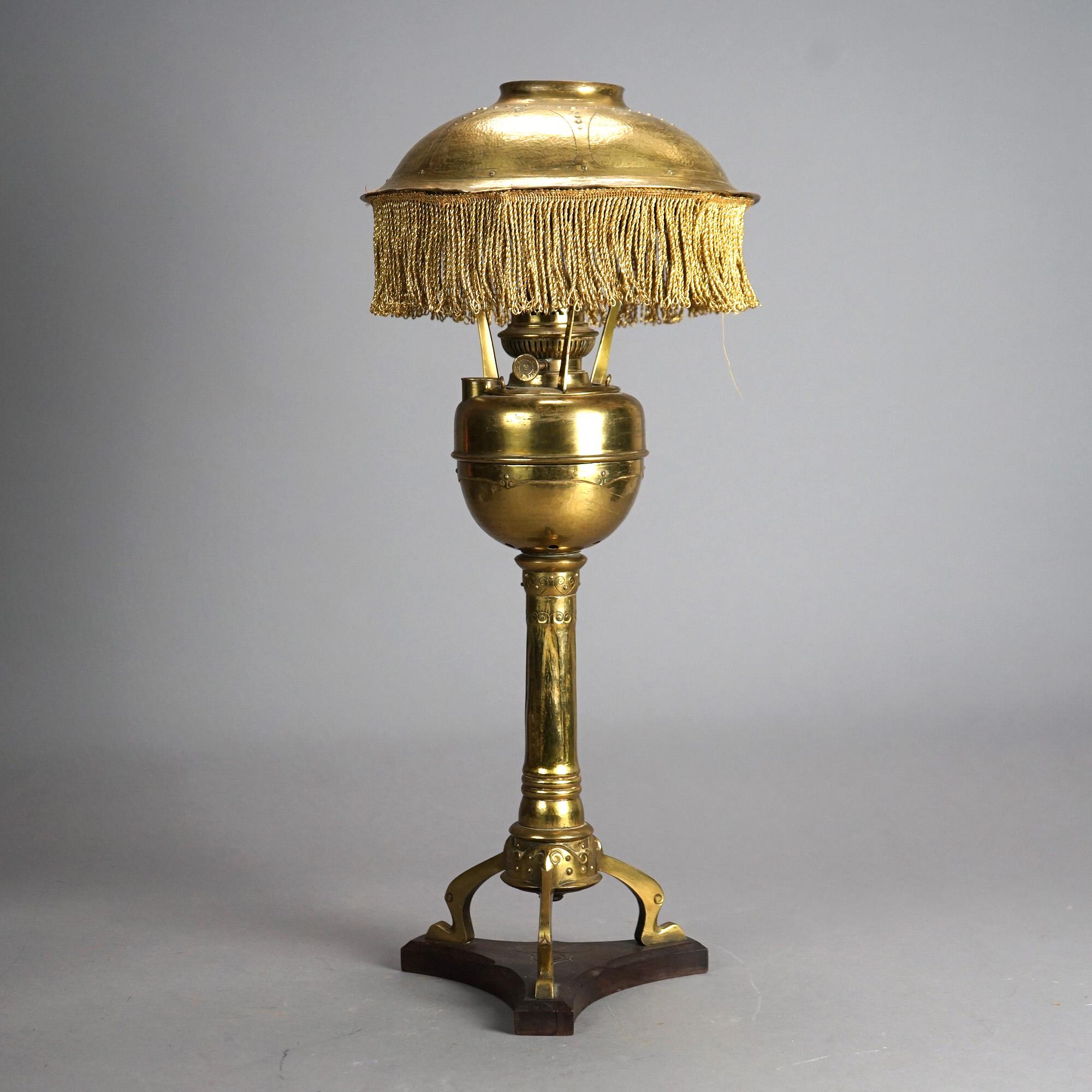 American Antique Arts & Crafts Mission Brass Kerosine Oil Lamp with Hammered Brass Helmet