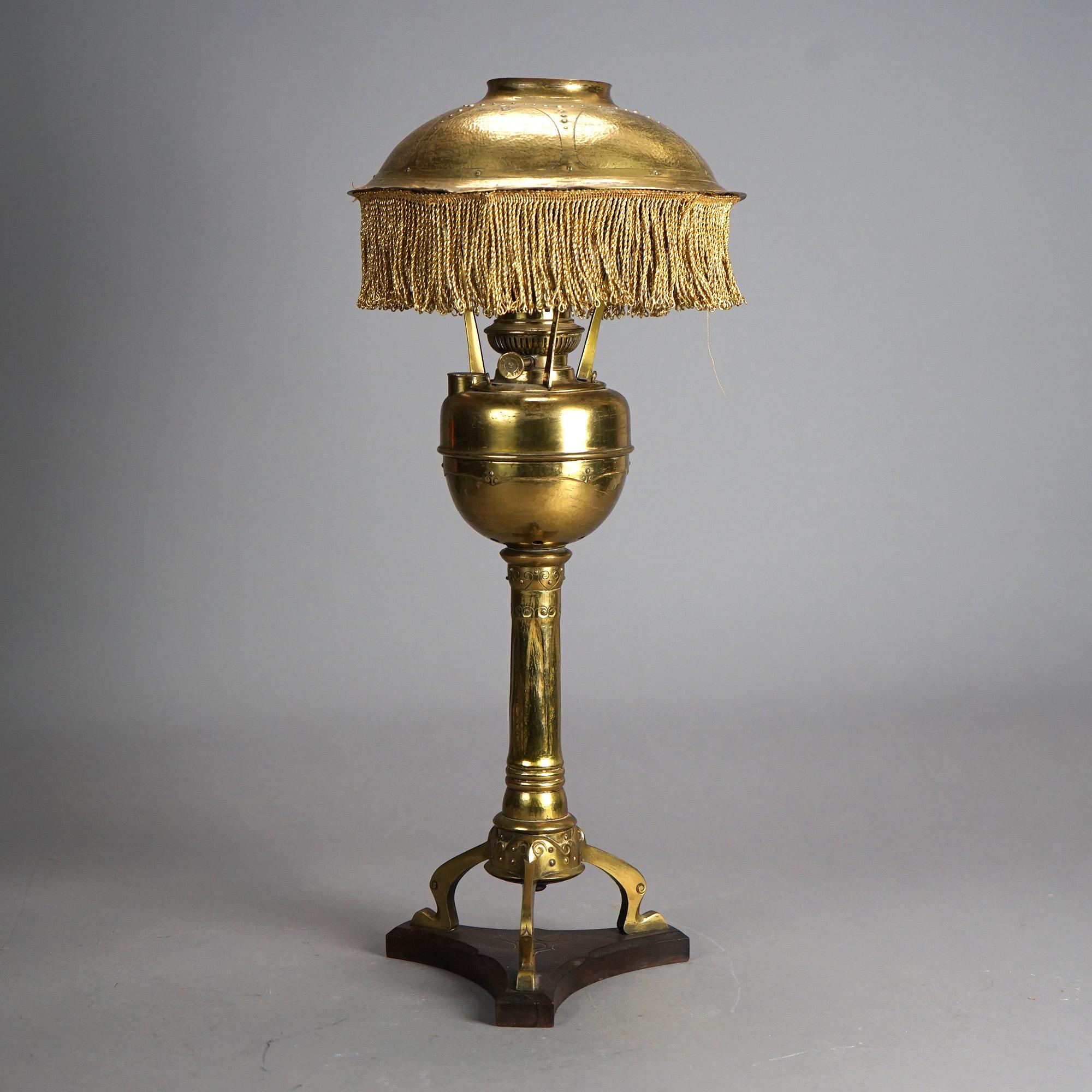 Antique Arts & Crafts Mission Brass Kerosine Oil Lamp with Hammered Brass Helmet In Good Condition In Big Flats, NY