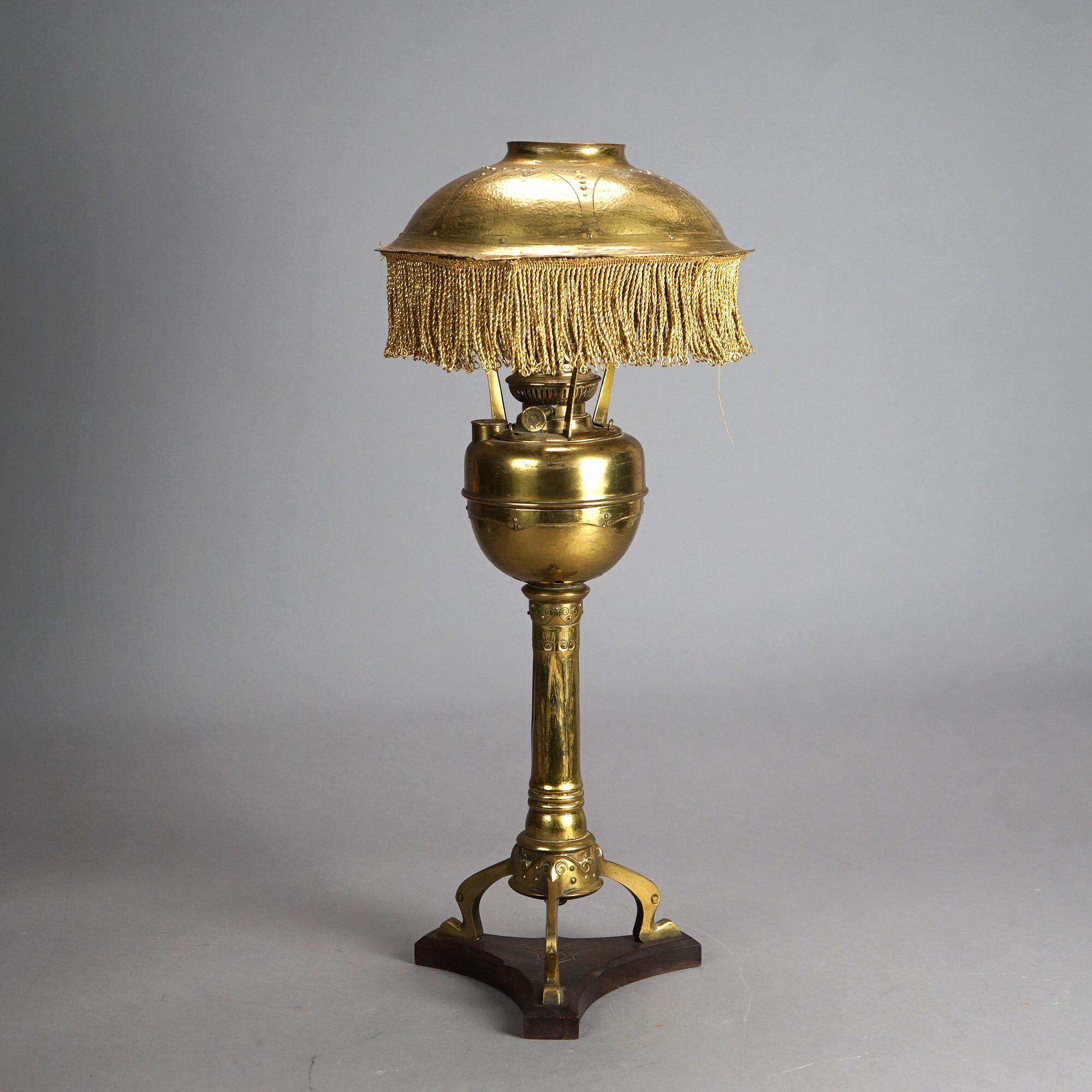 20th Century Antique Arts & Crafts Mission Brass Kerosine Oil Lamp with Hammered Brass Helmet