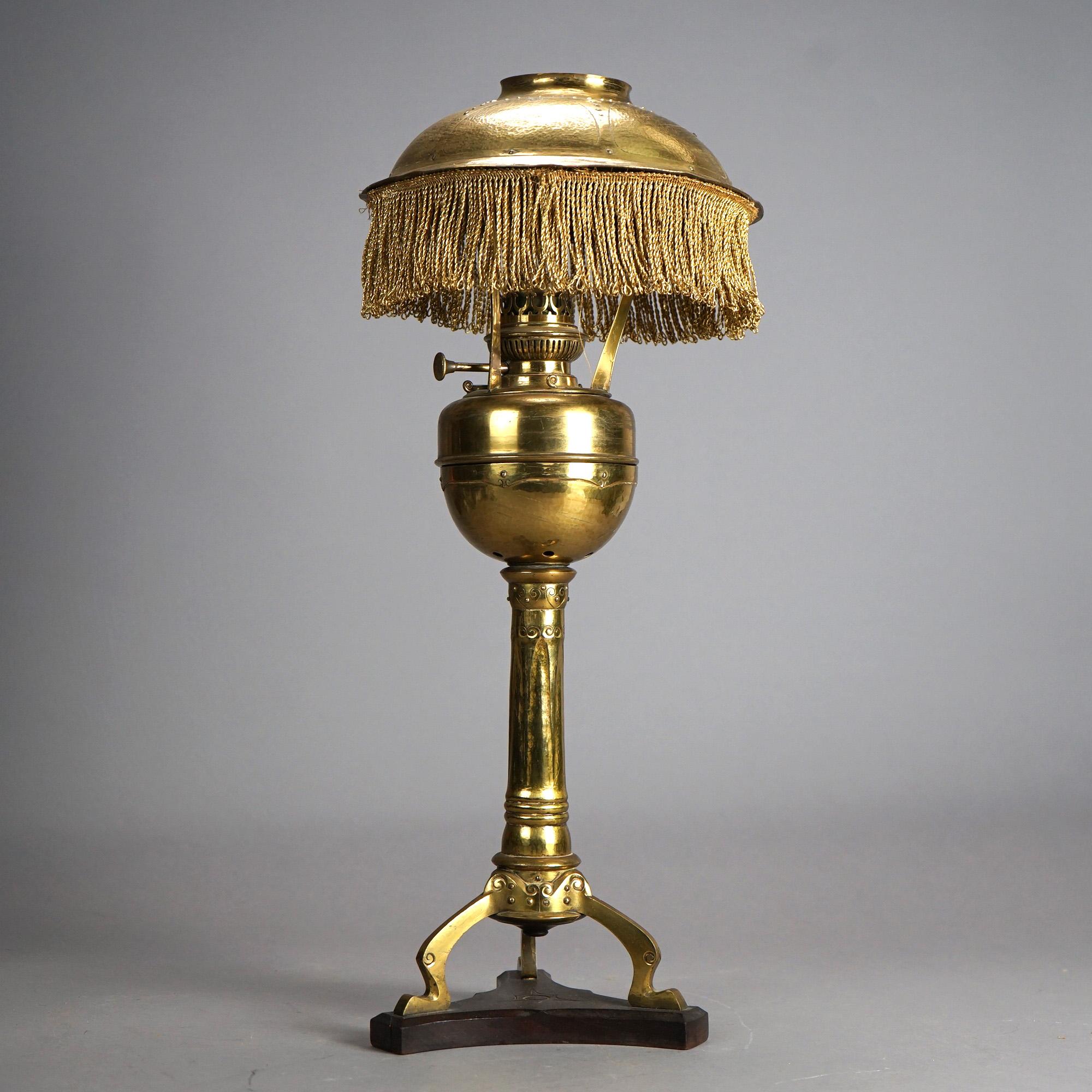 Antique Arts & Crafts Mission Brass Kerosine Oil Lamp with Hammered Brass Helmet 1
