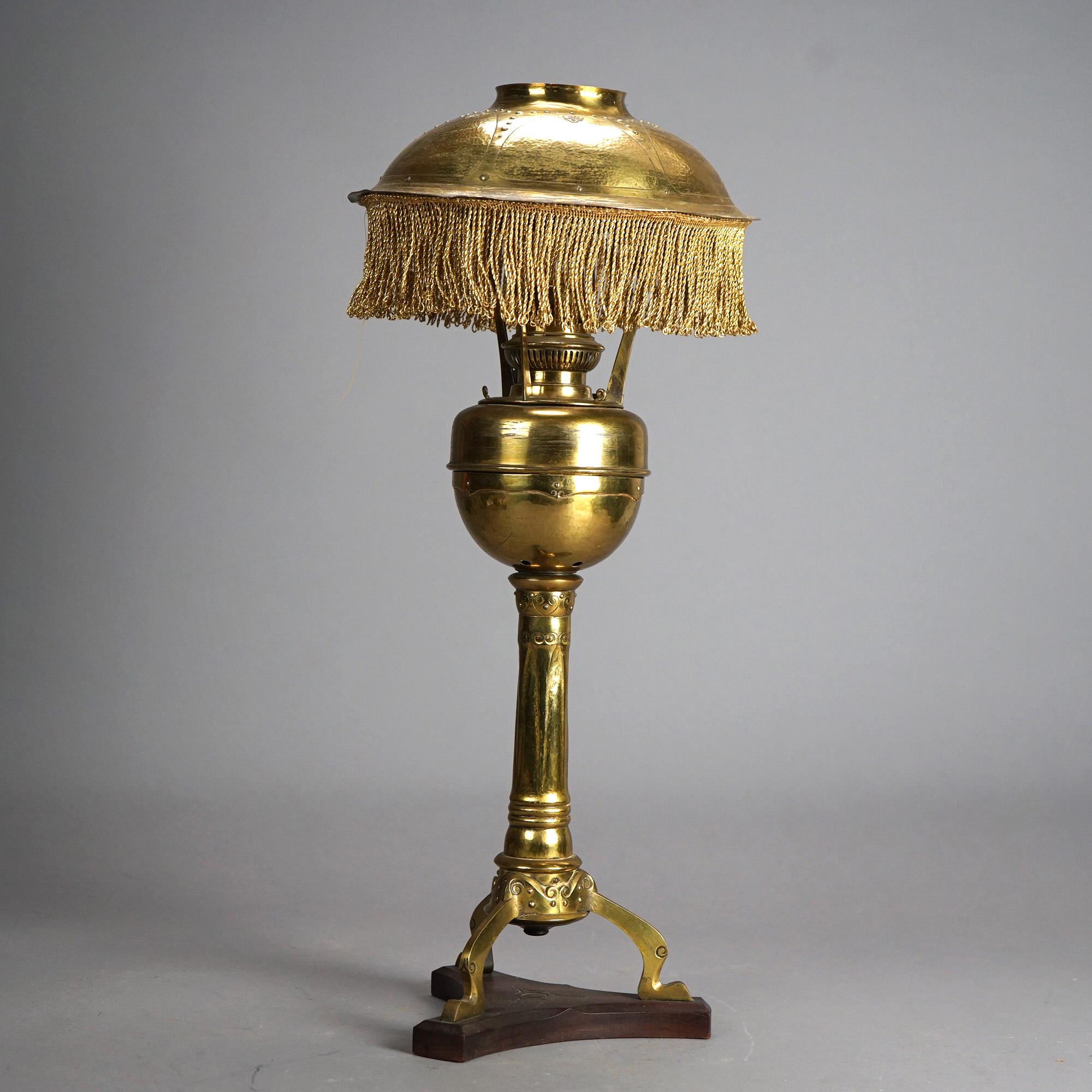 Antique Arts & Crafts Mission Brass Kerosine Oil Lamp with Hammered Brass Helmet 2