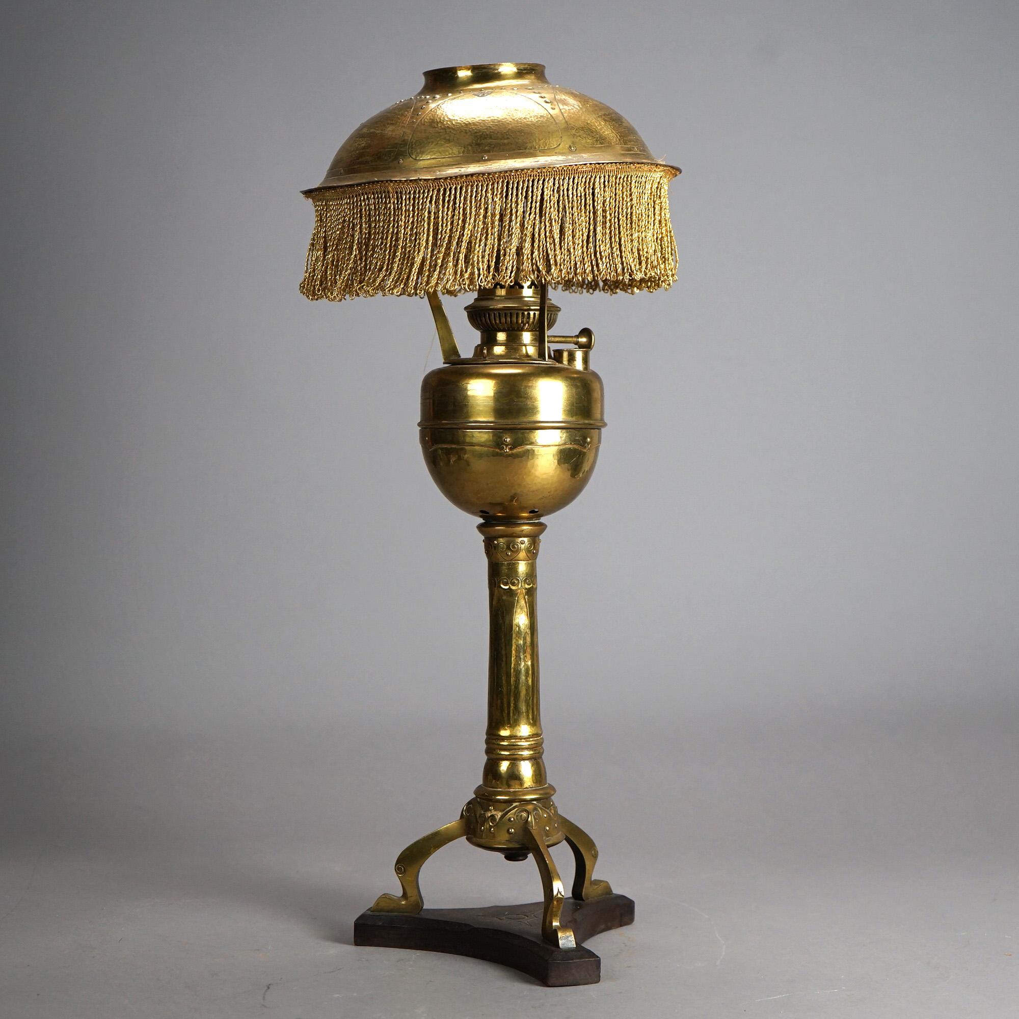 Antique Arts & Crafts Mission Brass Kerosine Oil Lamp with Hammered Brass Helmet 3