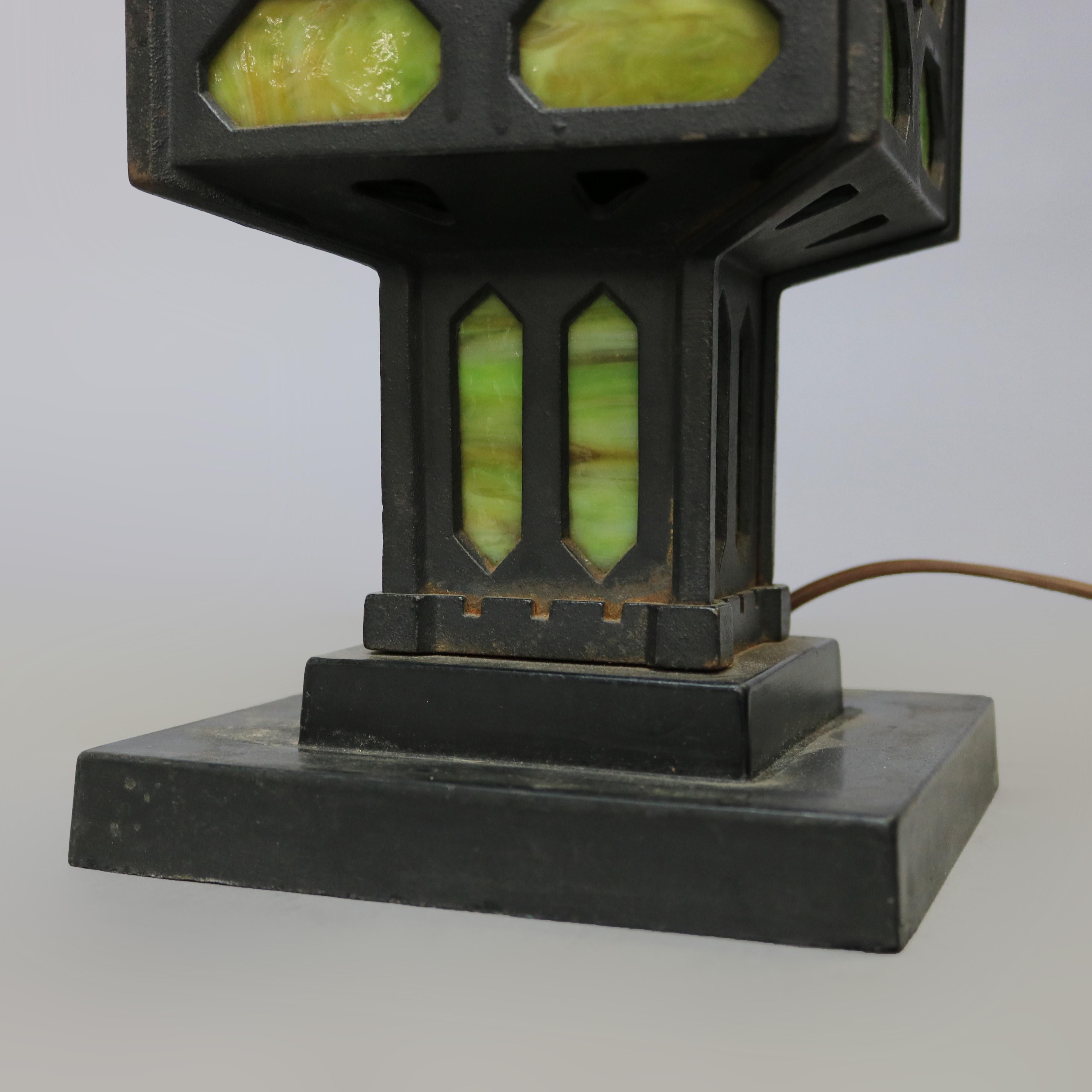 Antique Arts & Crafts Mission Ebonized Cast Iron and Slag Glass Table Lamp 1