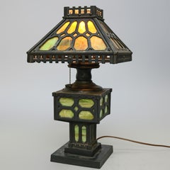 Antique Arts & Crafts Mission Ebonized Cast Iron and Slag Glass Table Lamp