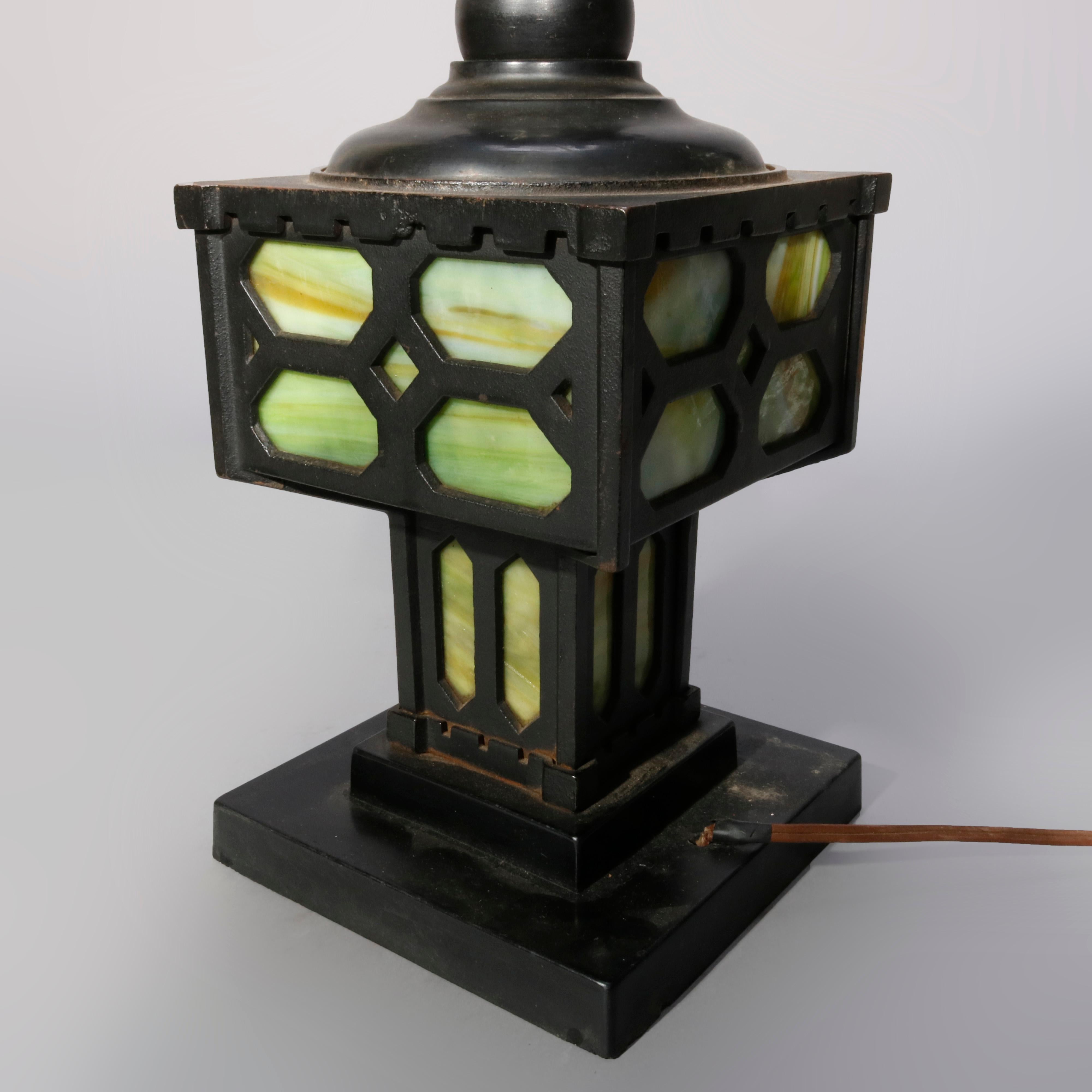 Antique Arts & Crafts Mission Ebonized Cast Iron and Slag Glass Table Lamp In Good Condition In Big Flats, NY