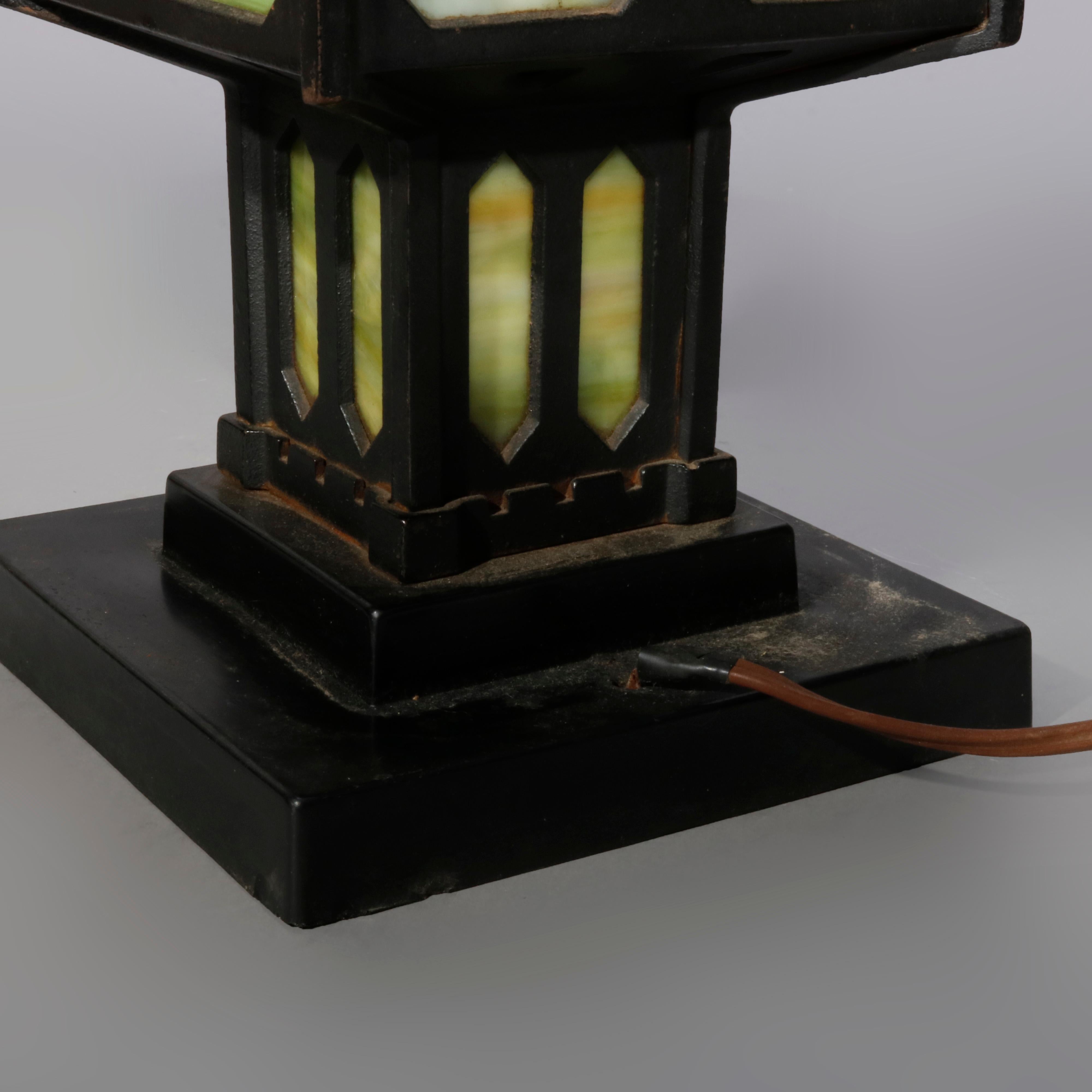 20th Century Antique Arts & Crafts Mission Ebonized Cast Iron and Slag Glass Table Lamp