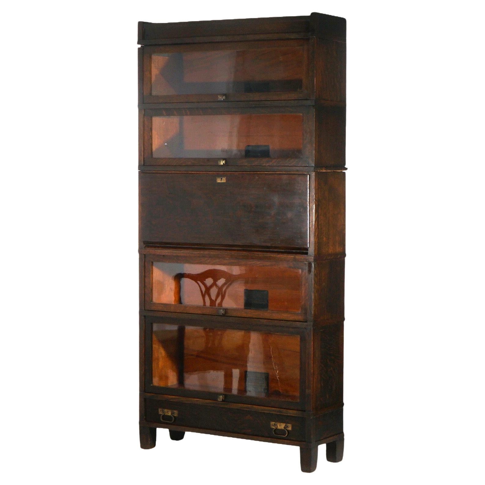 Antiguo Arts & Crafts Mission Globe Wernicke Secretario de barrister de roble de cinco pilas