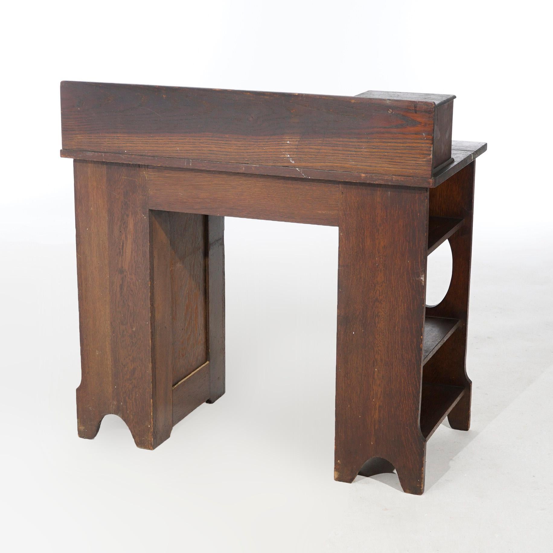 Antique Arts & Crafts Mission Limbert School Oak Desk with Cutout Shelves, 1910 In Good Condition In Big Flats, NY