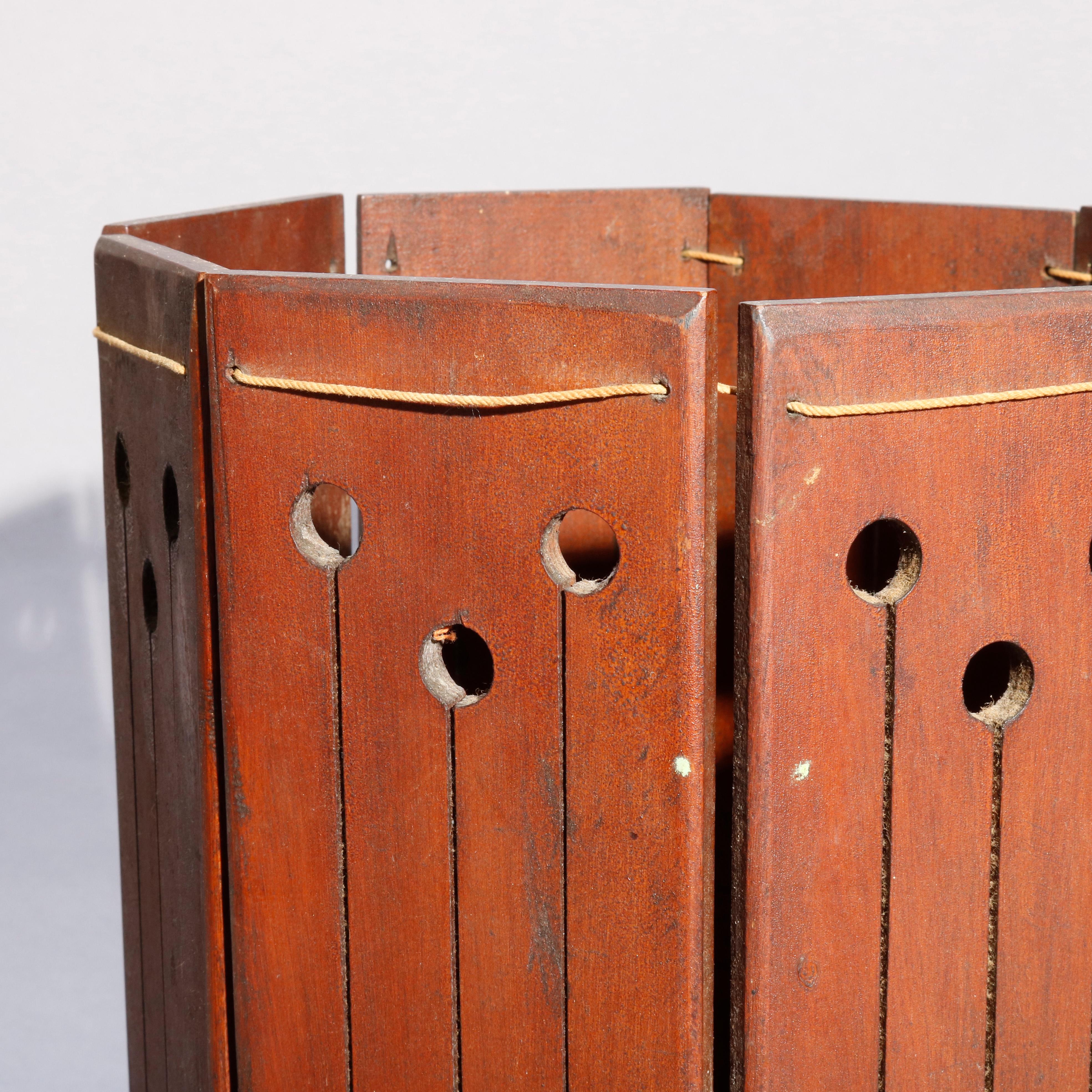 Carved Antique Arts & Crafts Mission Mahogany Wastebasket with Stylized Cutouts
