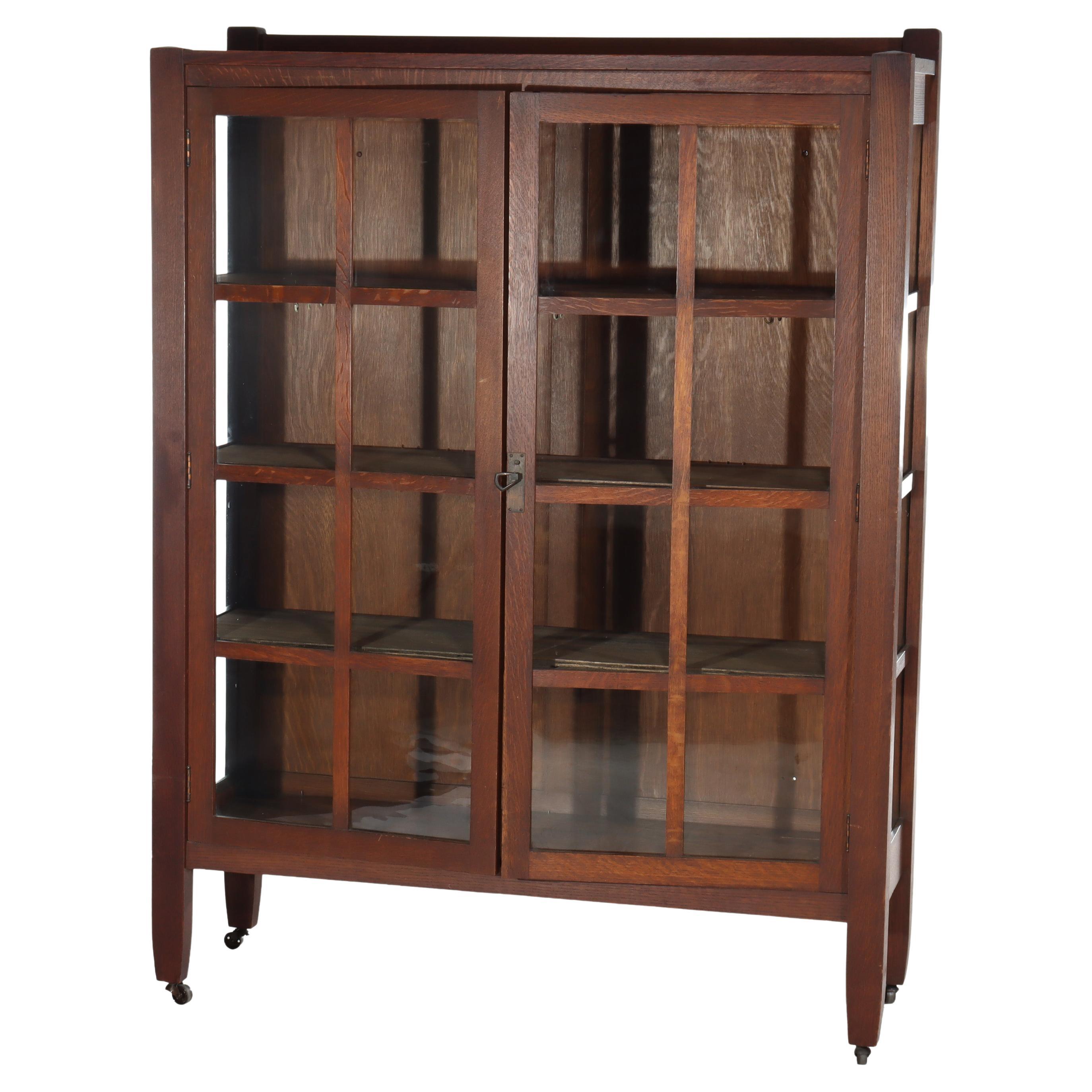 Antique Arts 
Crafts Mission Oak 2-Door Bookcase After Stickley c1920 For Sale