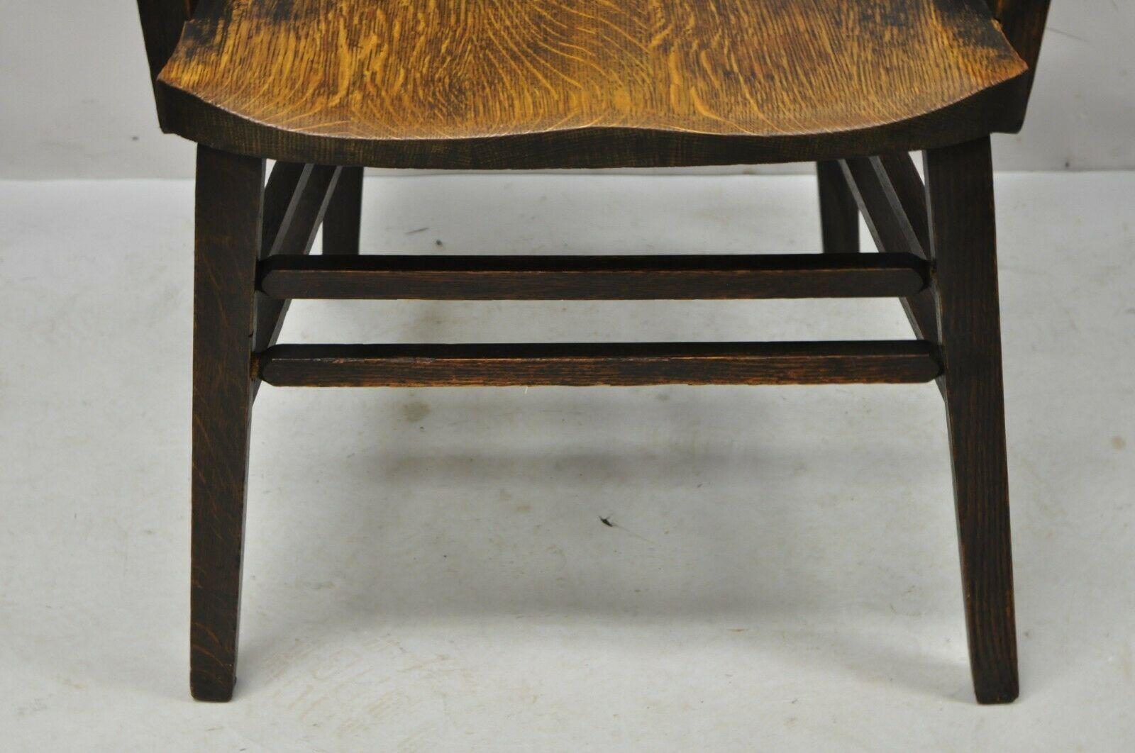 Antique Arts & Crafts Mission Oak Bowed Spindle Plank Seat Arm Chair For Sale 6