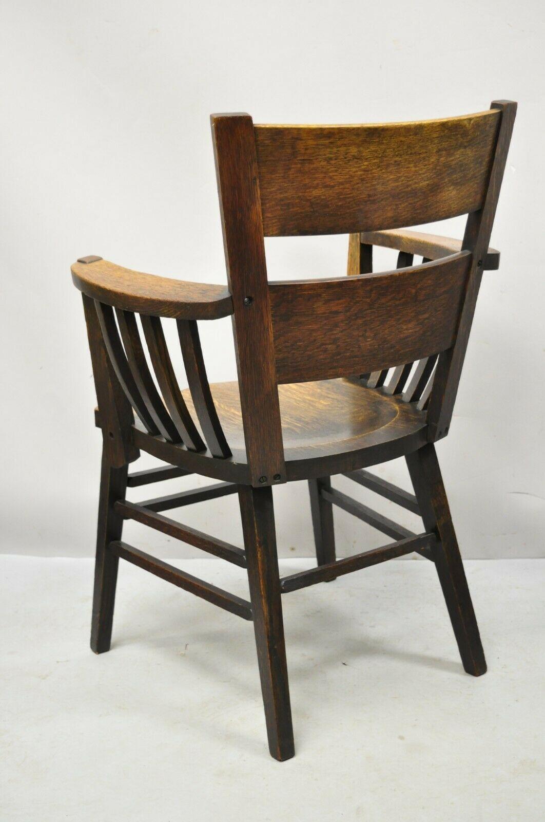Antique Arts & Crafts Mission Oak Bowed Spindle Plank Seat Arm Chair For Sale 7