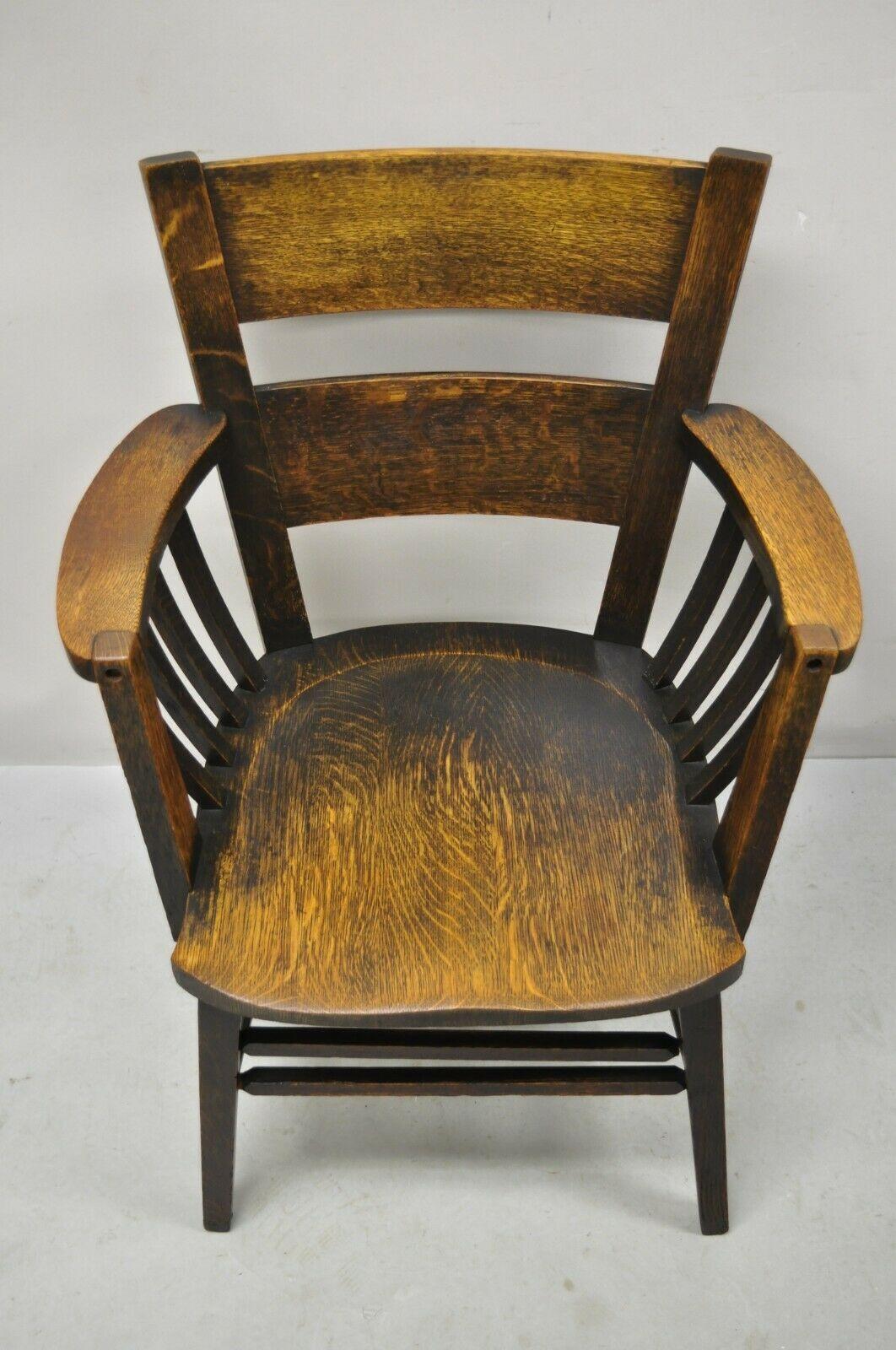 Arts and Crafts Antique Arts & Crafts Mission Oak Bowed Spindle Plank Seat Arm Chair For Sale