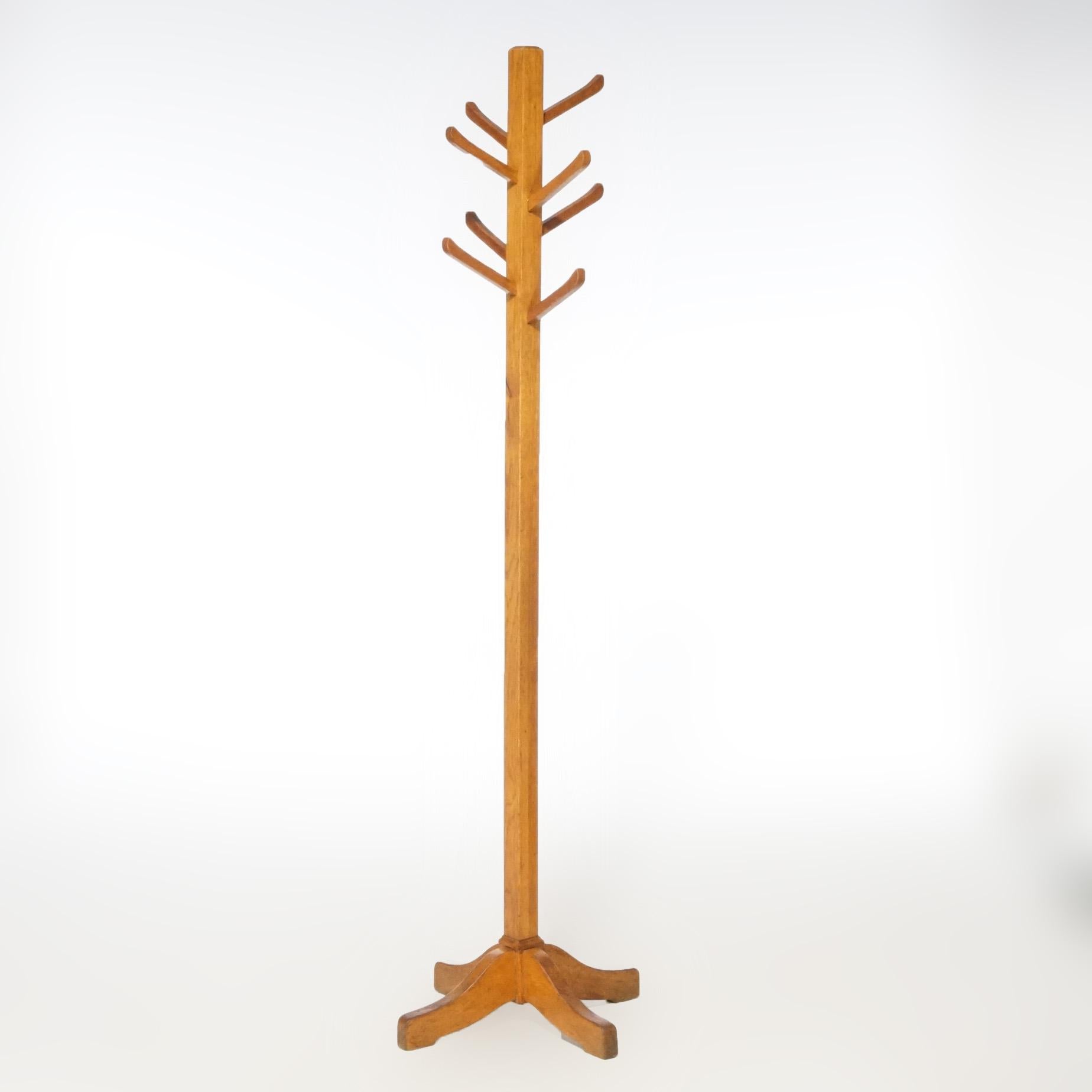 An antique Arts & Crafts Mission hall tree offers oak construction with square column and stylized wood hooks, c1910

Measures - 72