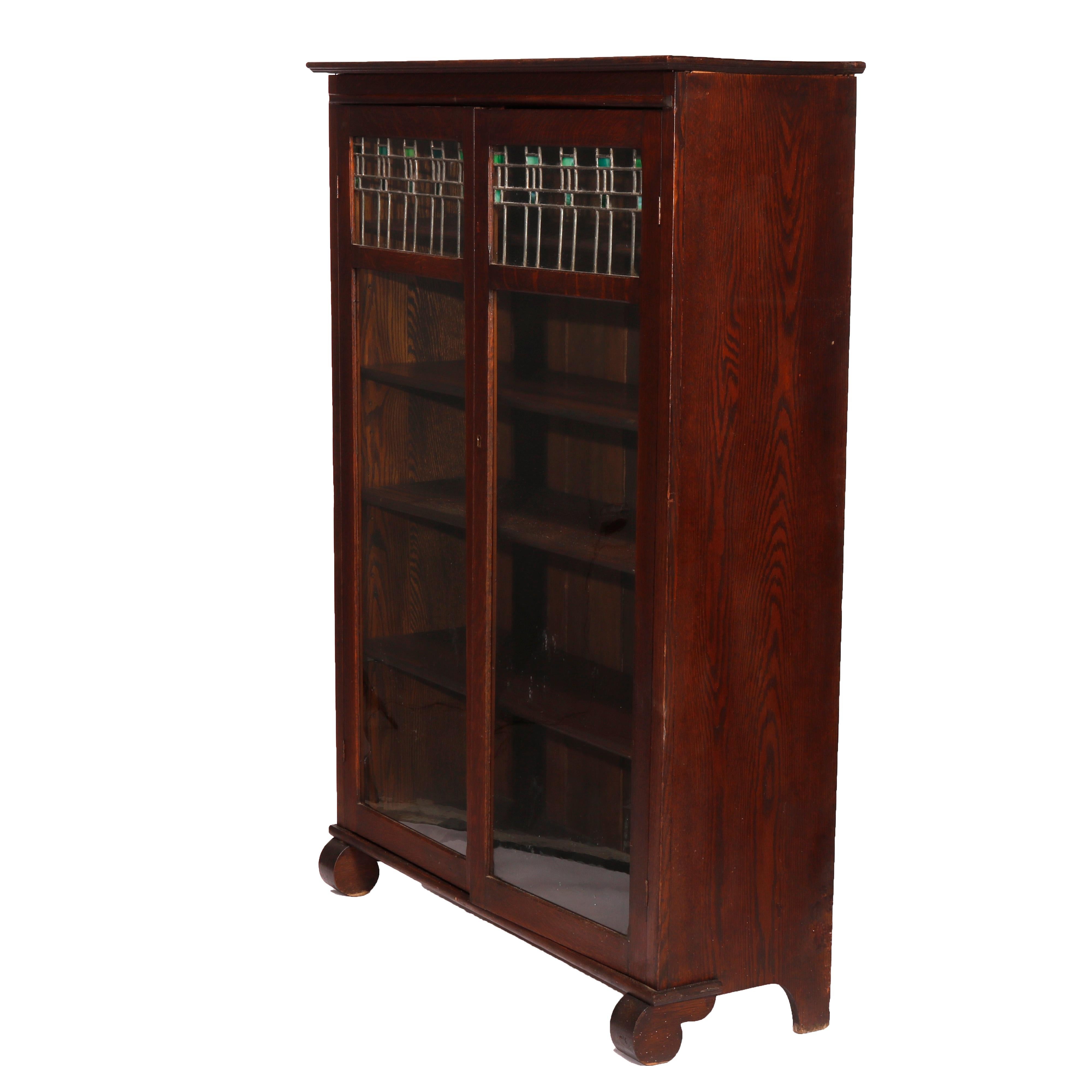 Antique Arts & Crafts Mission Oak Double Door Leaded Glass Bookcase, Circa 1910 4