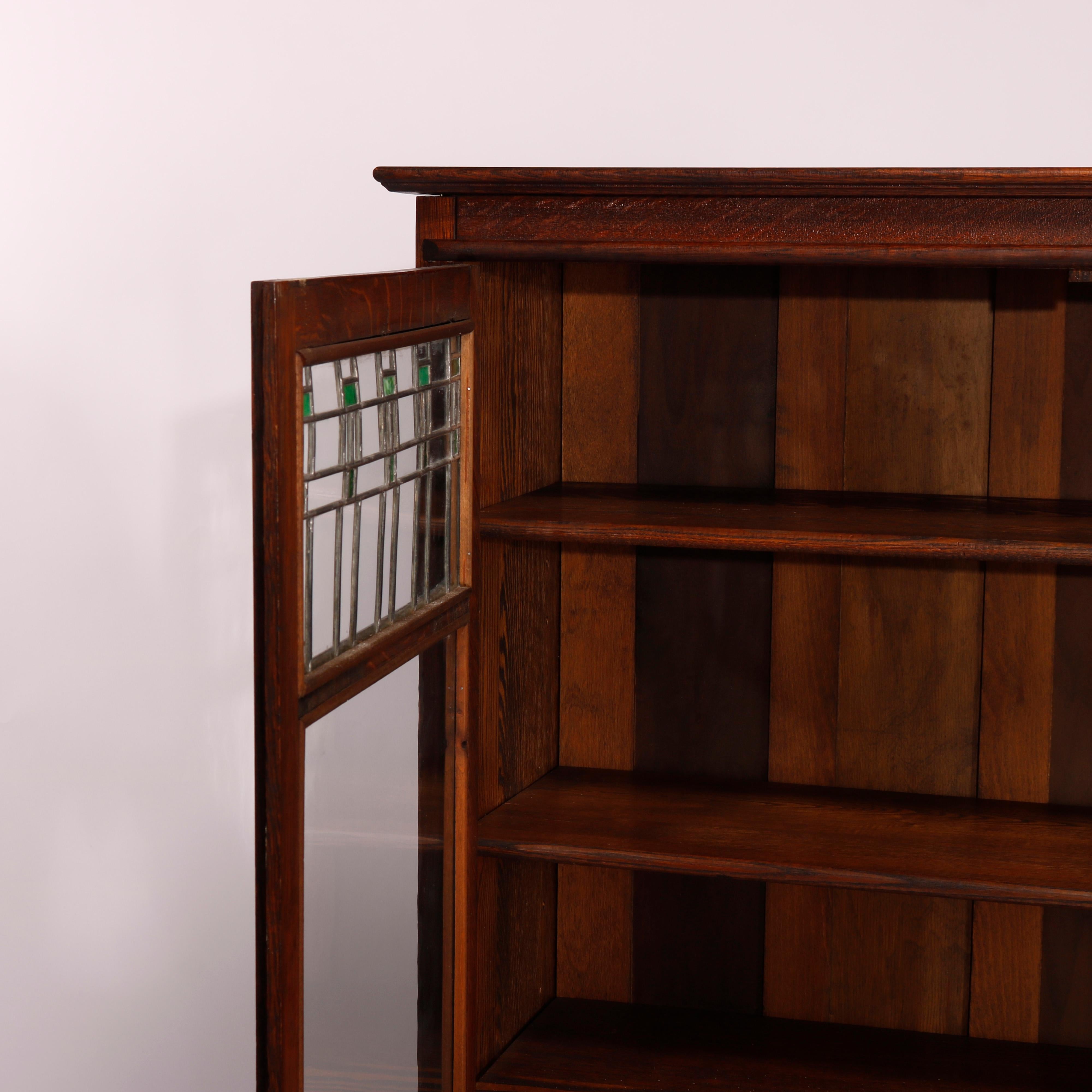 Antique Arts & Crafts Mission Oak Double Door Leaded Glass Bookcase, Circa 1910 7