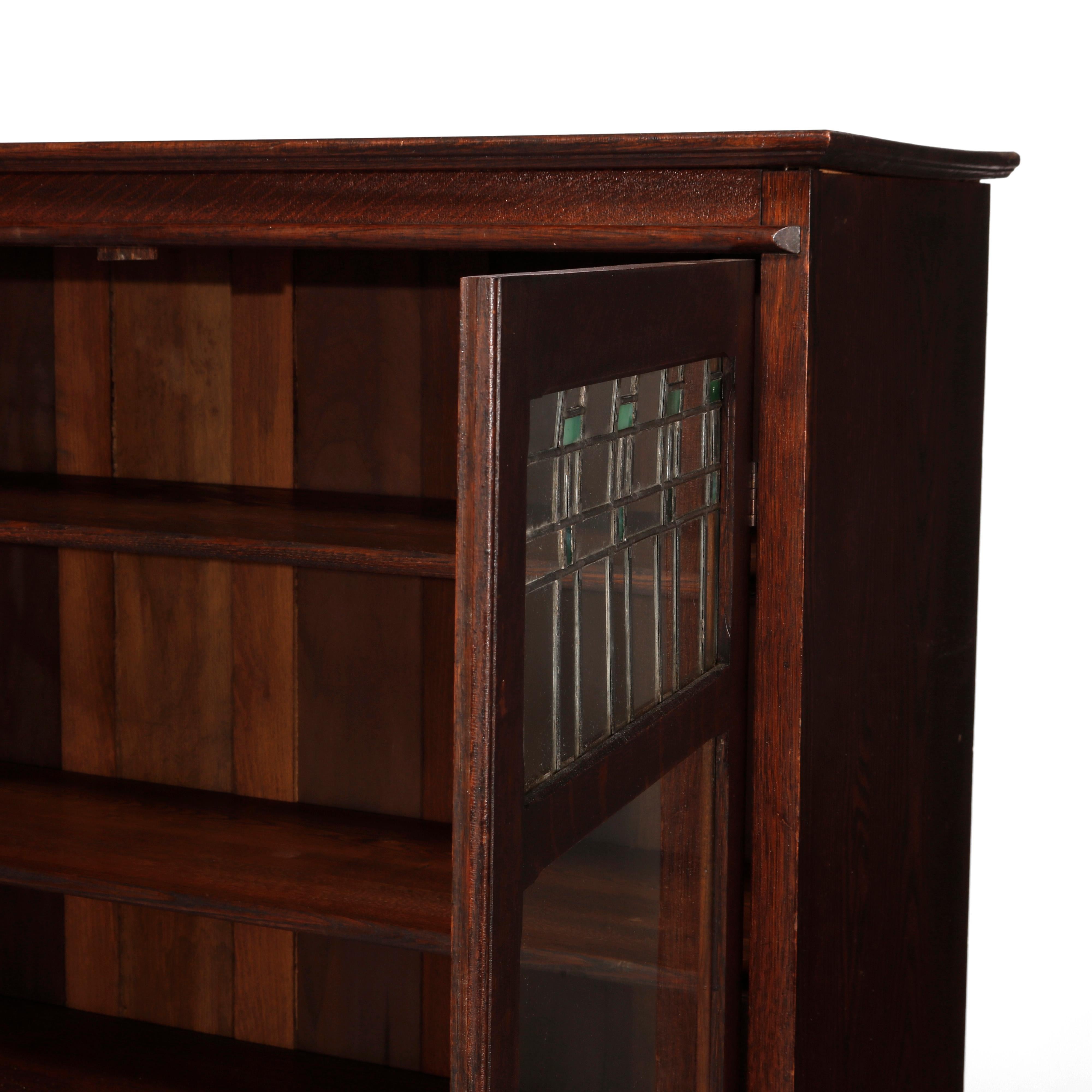 Antique Arts & Crafts Mission Oak Double Door Leaded Glass Bookcase, Circa 1910 8