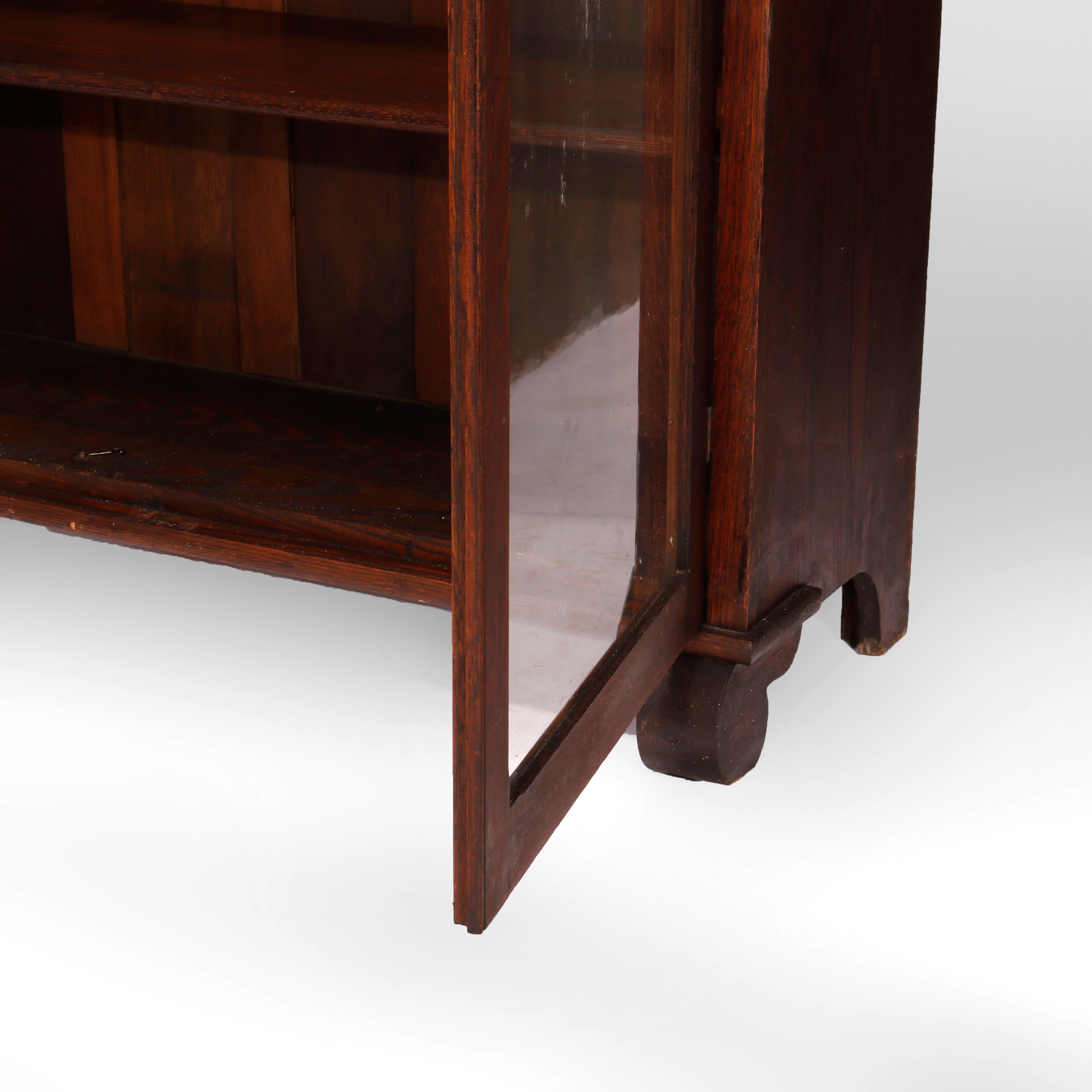 Antique Arts & Crafts Mission Oak Double Door Leaded Glass Bookcase, Circa 1910 10