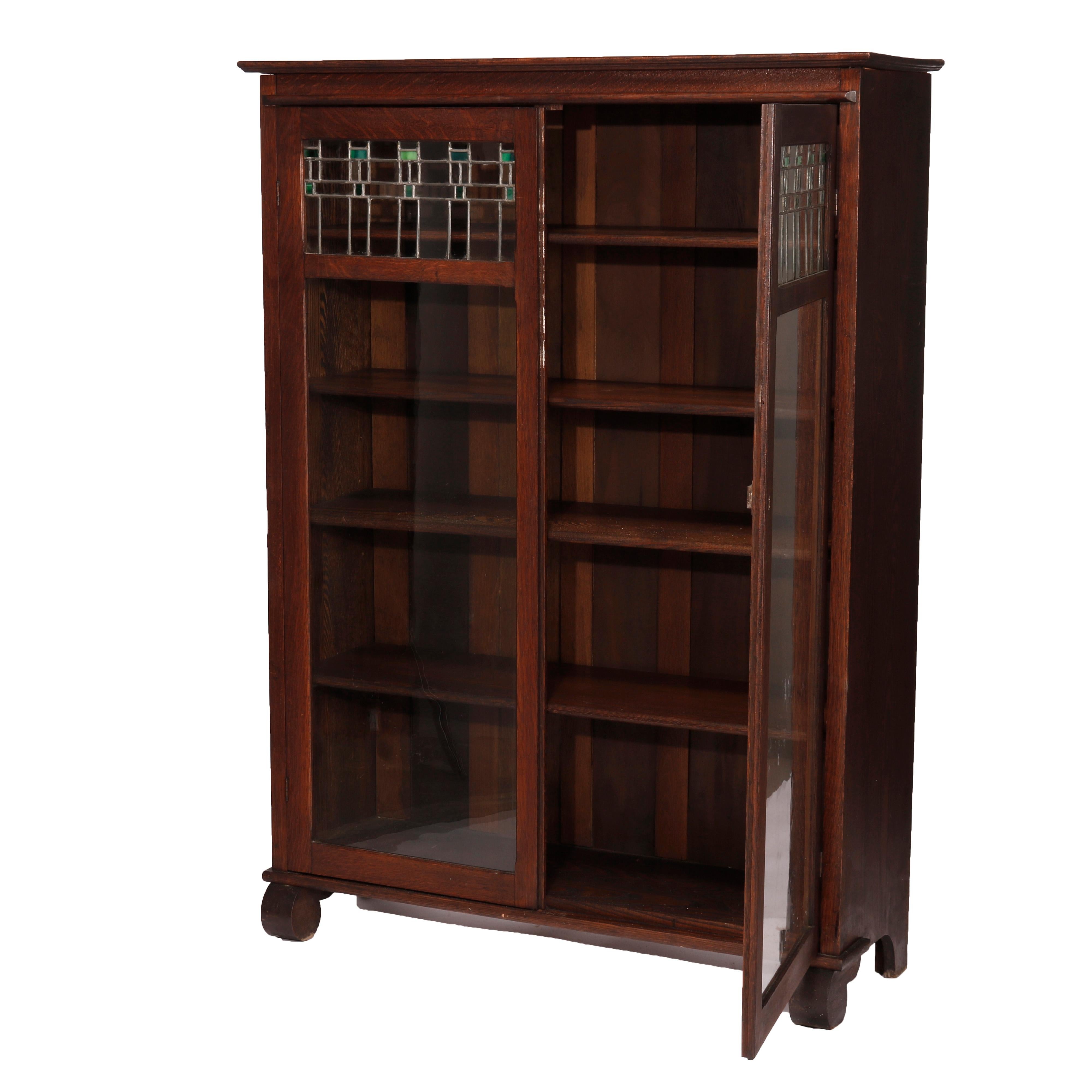 American Antique Arts & Crafts Mission Oak Double Door Leaded Glass Bookcase, Circa 1910