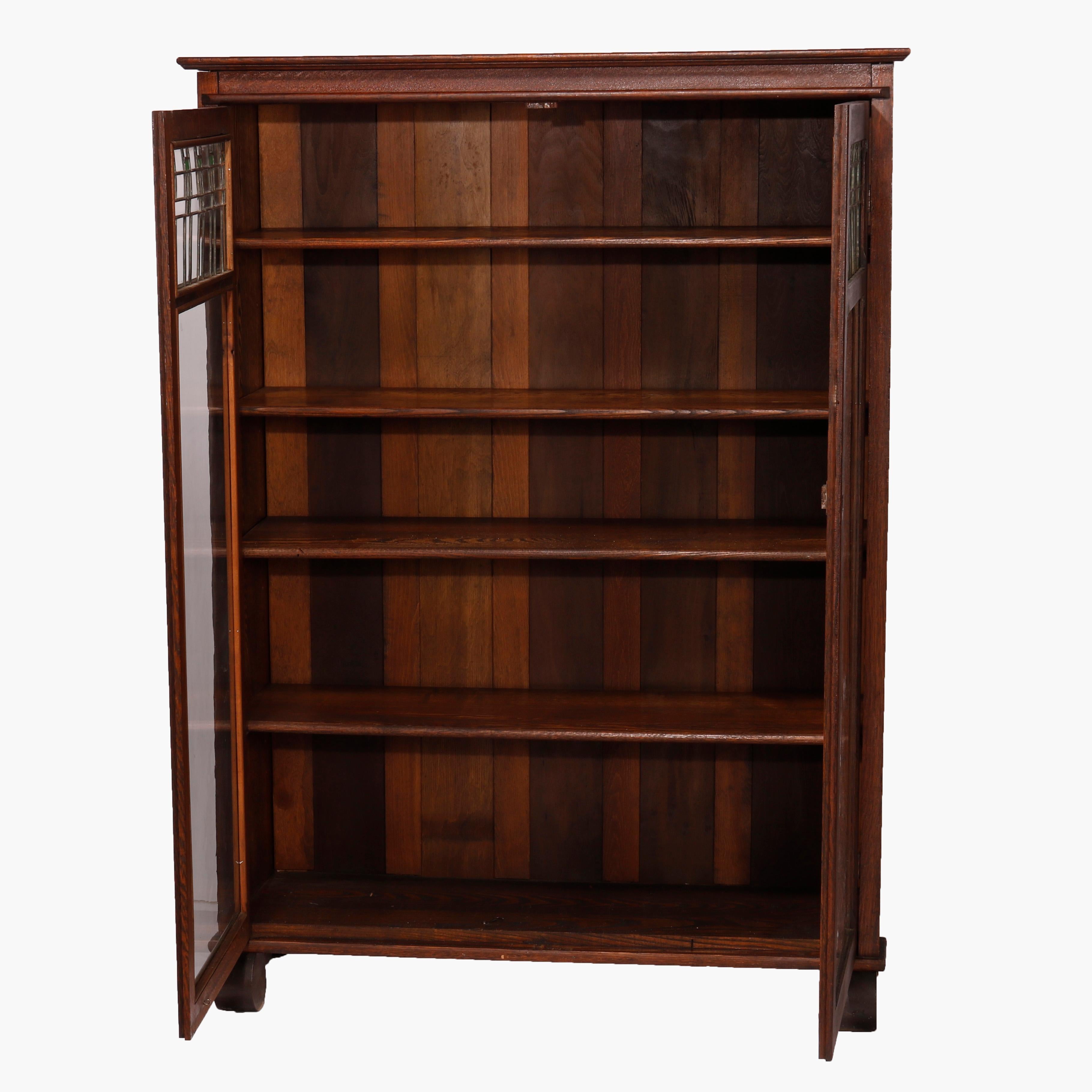 Antique Arts & Crafts Mission Oak Double Door Leaded Glass Bookcase, Circa 1910 In Good Condition In Big Flats, NY