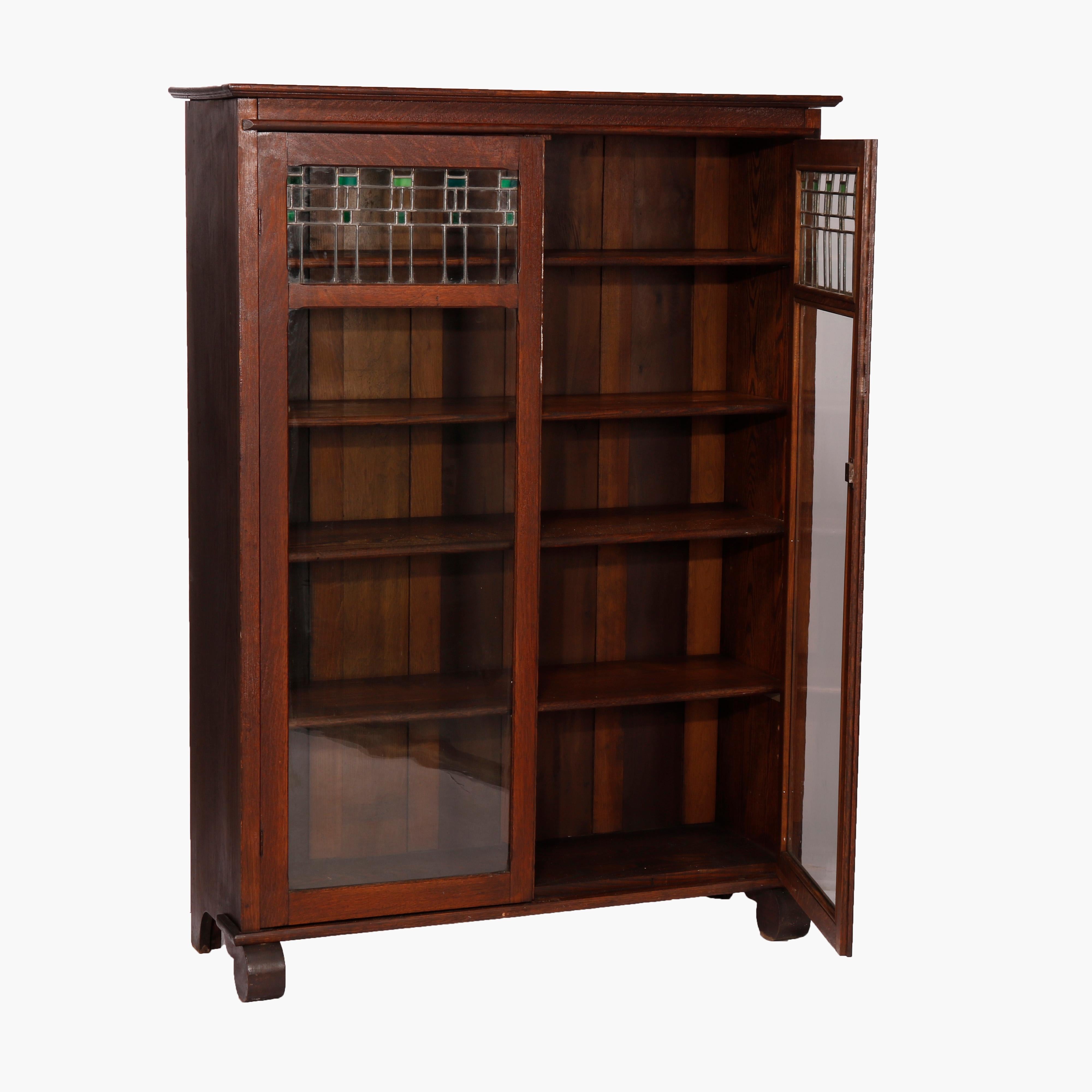 20th Century Antique Arts & Crafts Mission Oak Double Door Leaded Glass Bookcase, Circa 1910