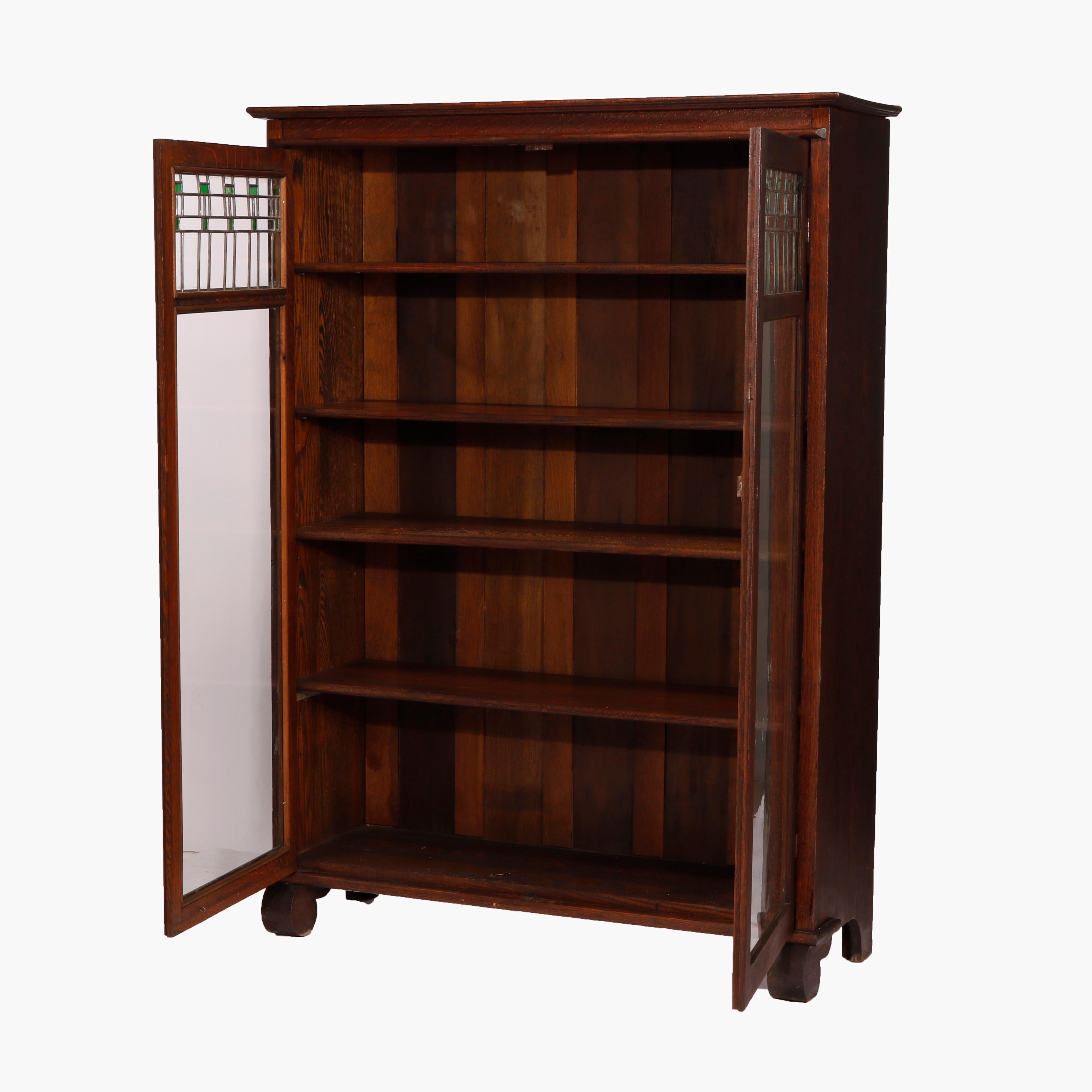 Antique Arts & Crafts Mission Oak Double Door Leaded Glass Bookcase, Circa 1910 1