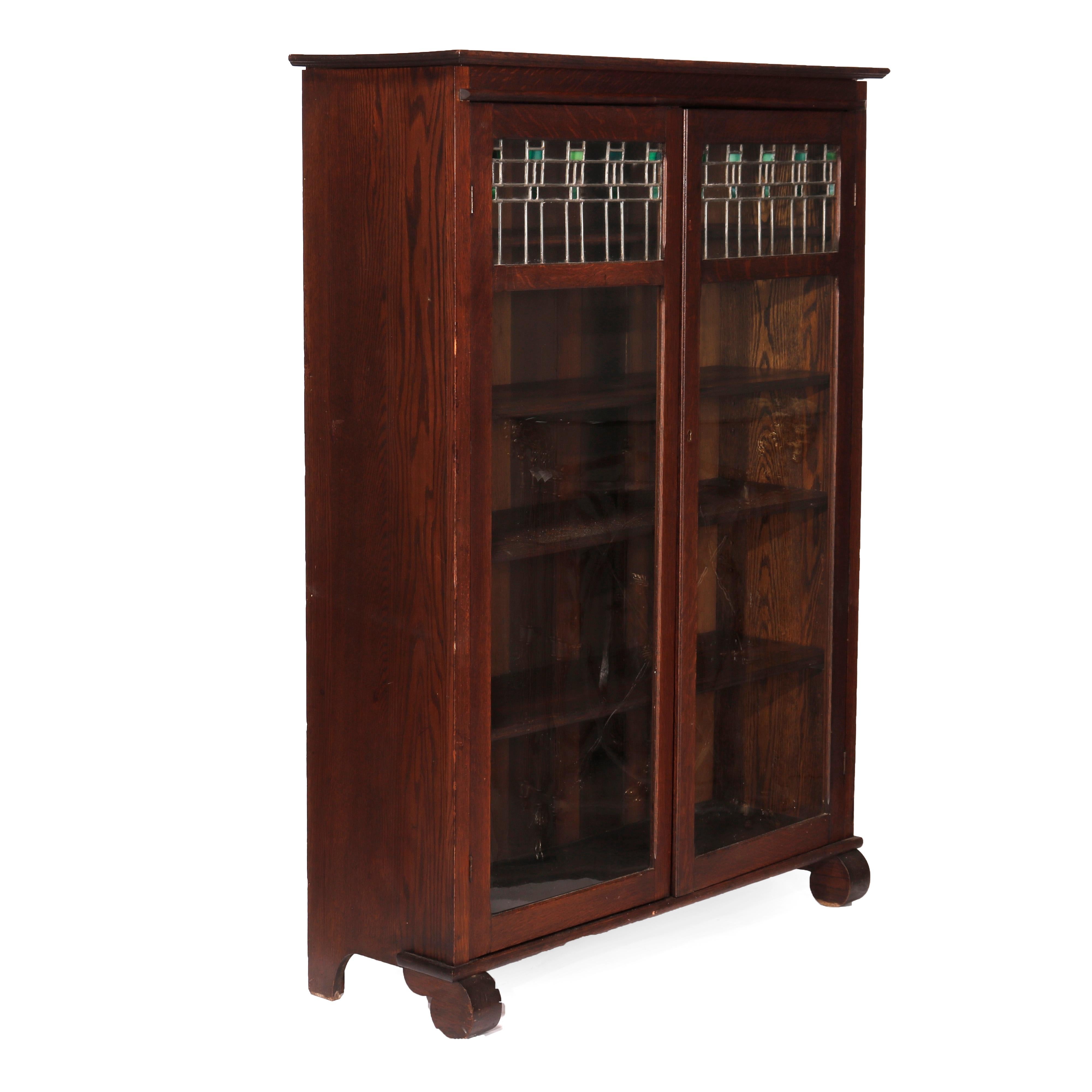 Antique Arts & Crafts Mission Oak Double Door Leaded Glass Bookcase, Circa 1910 2
