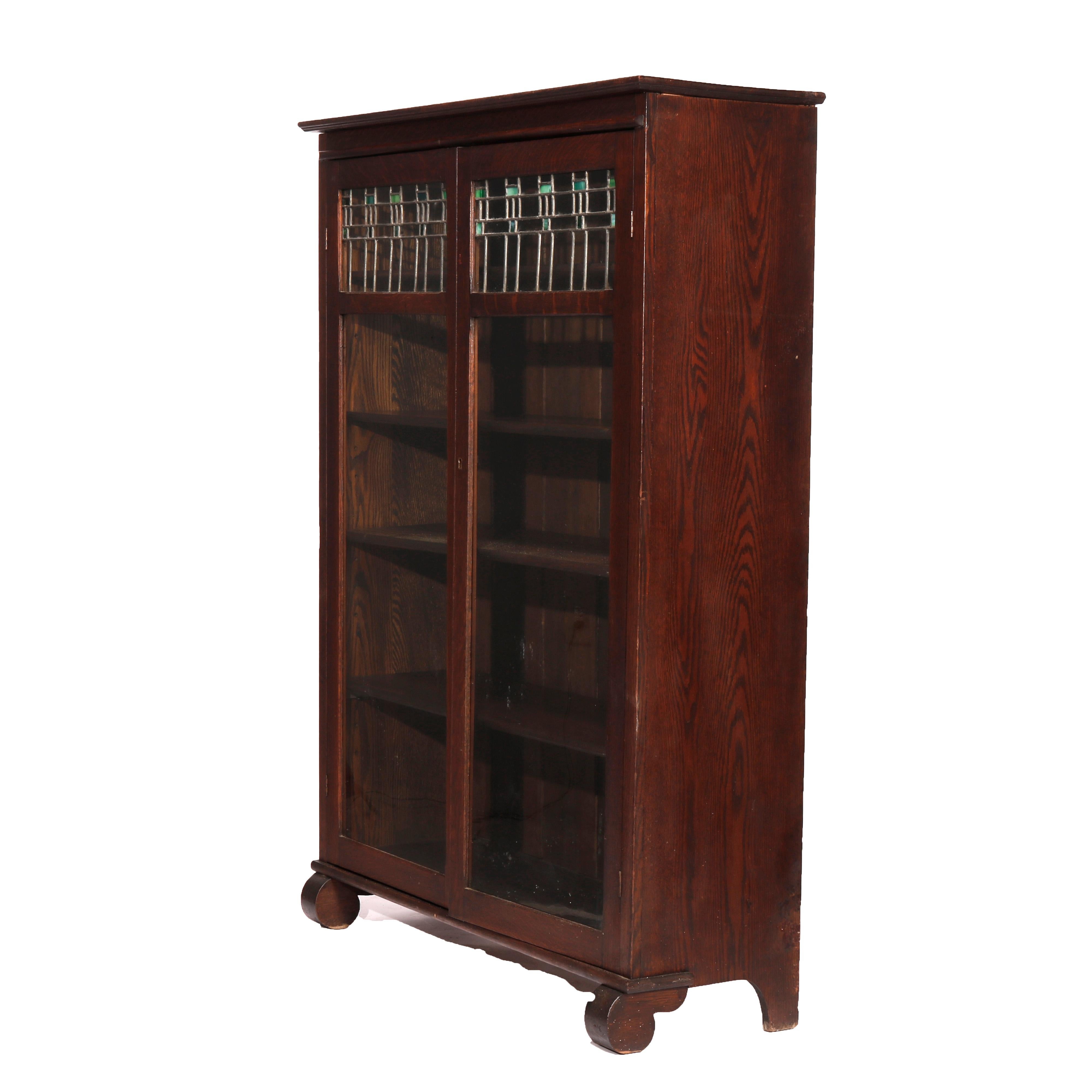 Antique Arts & Crafts Mission Oak Double Door Leaded Glass Bookcase, Circa 1910 3