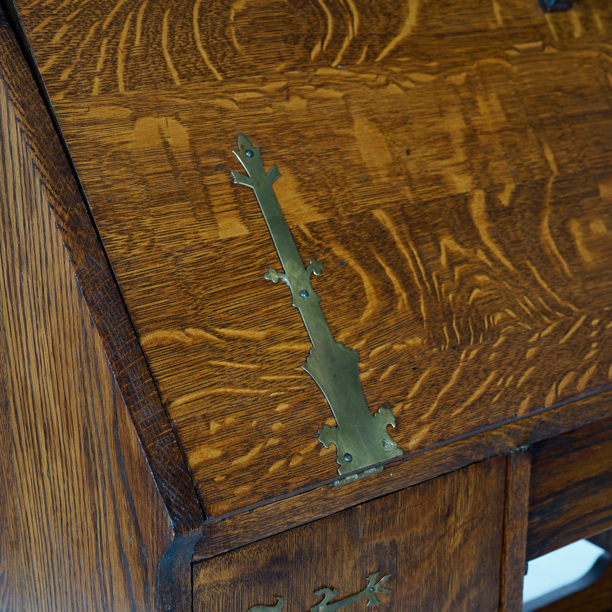 Antique Arts & Crafts Mission Oak Drop Front Desk with Leaded Bookcase, c1910 4