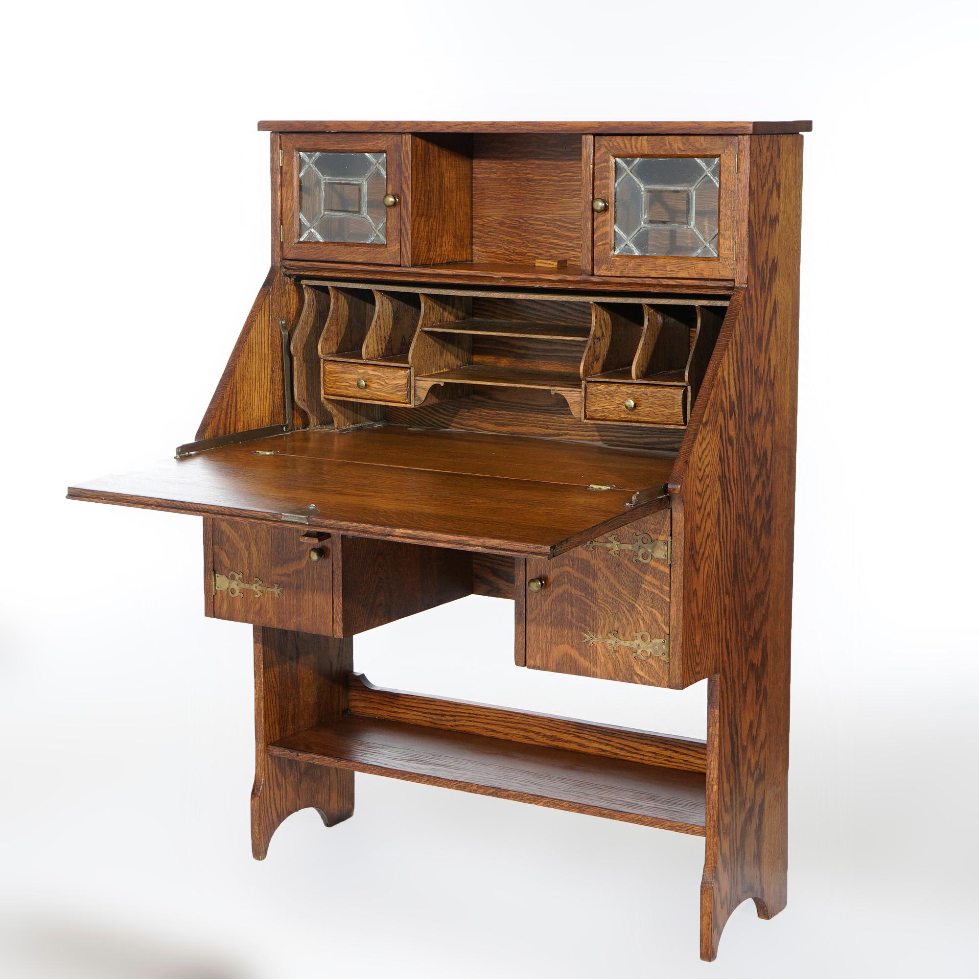 Arts and Crafts Antique Arts & Crafts Mission Oak Drop Front Desk with Leaded Bookcase, c1910