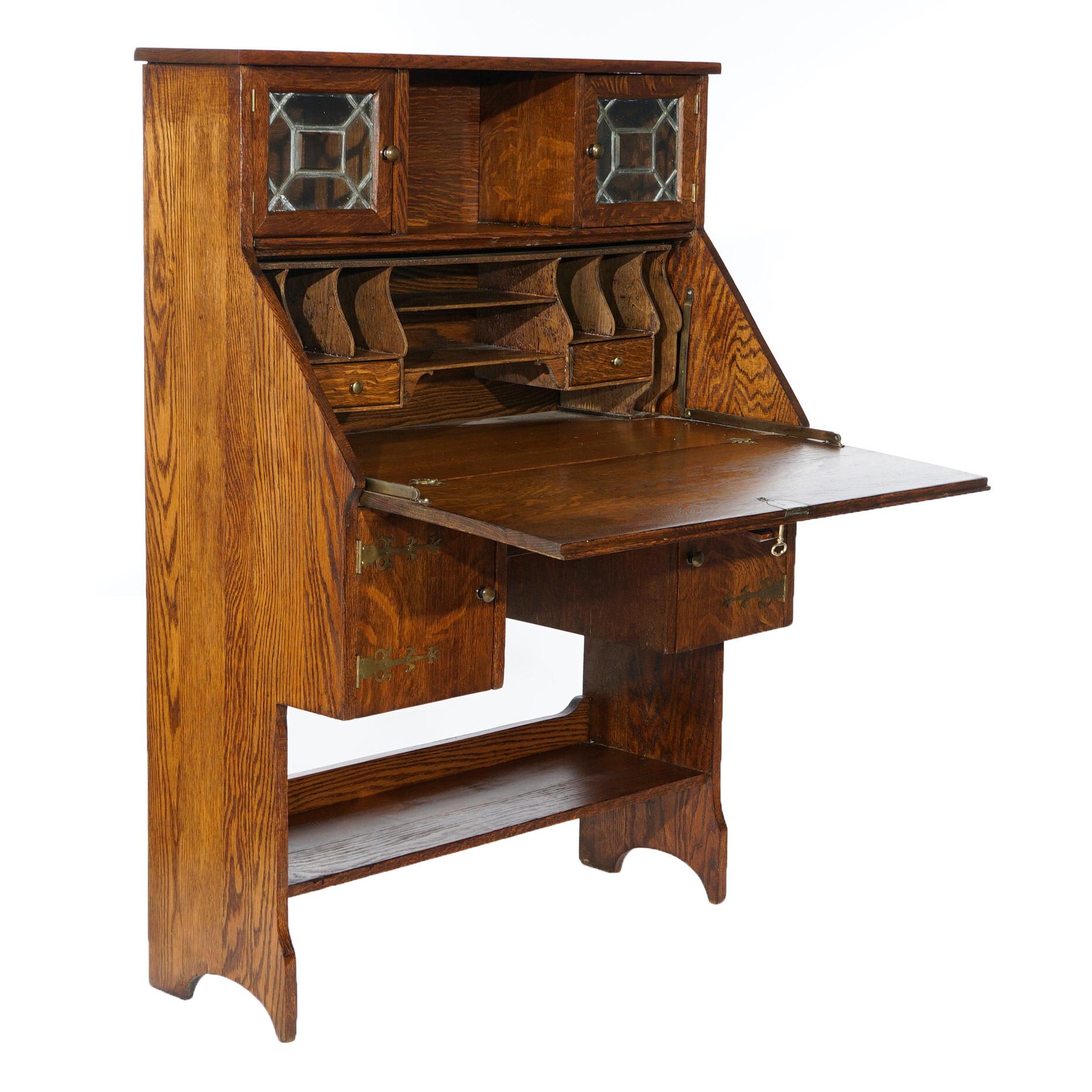 Antique Arts & Crafts Mission Oak Drop Front Desk with Leaded Bookcase, c1910 In Good Condition In Big Flats, NY