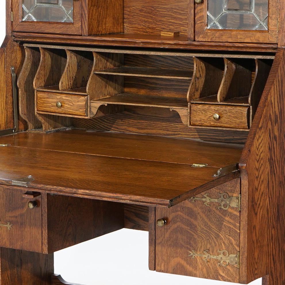 Antique Arts & Crafts Mission Oak Drop Front Desk with Leaded Bookcase, c1910 2